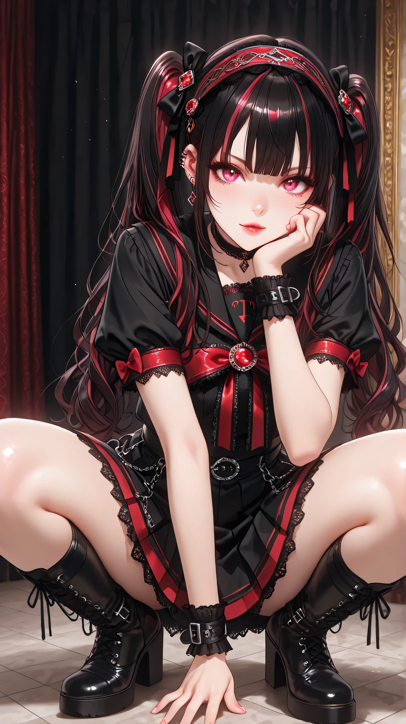 masterpiece, best quality, vivid anime illustration, sharp line-art, cel shading,
full-body portrait of a dark-idol girl squatting on a glossy black stage floor, framed by rich crimson velvet curtains, dramatic club lighting,intense specular highlights, metallic buckle gleam,
porcelain-white skin, crimson eye-shadow, glossy wine-red lips, intense stare,
long twin tails: left jet-black, right neon magenta fading to black, blunt straight fringe, gothic ruffled headband trimmed with black ribbon & scarlet lace,
black sailor uniform top with bold red stripes on collar and cuffs, oversized scarlet neck bow, cropped length exposing slim waist,
matching wide sailor pants tucked into knee-high platform boots, matte-black leather with chunky soles, front laced by vivid red ribbons, silver buckle straps,
black claw-tip manicure, subtle metallic piercings glinting,
pose: low squat, left hand resting on floor, right elbow on knee with fingers near cheek, hair ribbons fluttering,
background bathed in deep crimson sidelights, faint violet rim glow on hair curls, light fog haze, reflective floor catching red highlights,
sparkling lace edges, glossy leather highlights, micro-detail fabric texture, faint floating dust motes