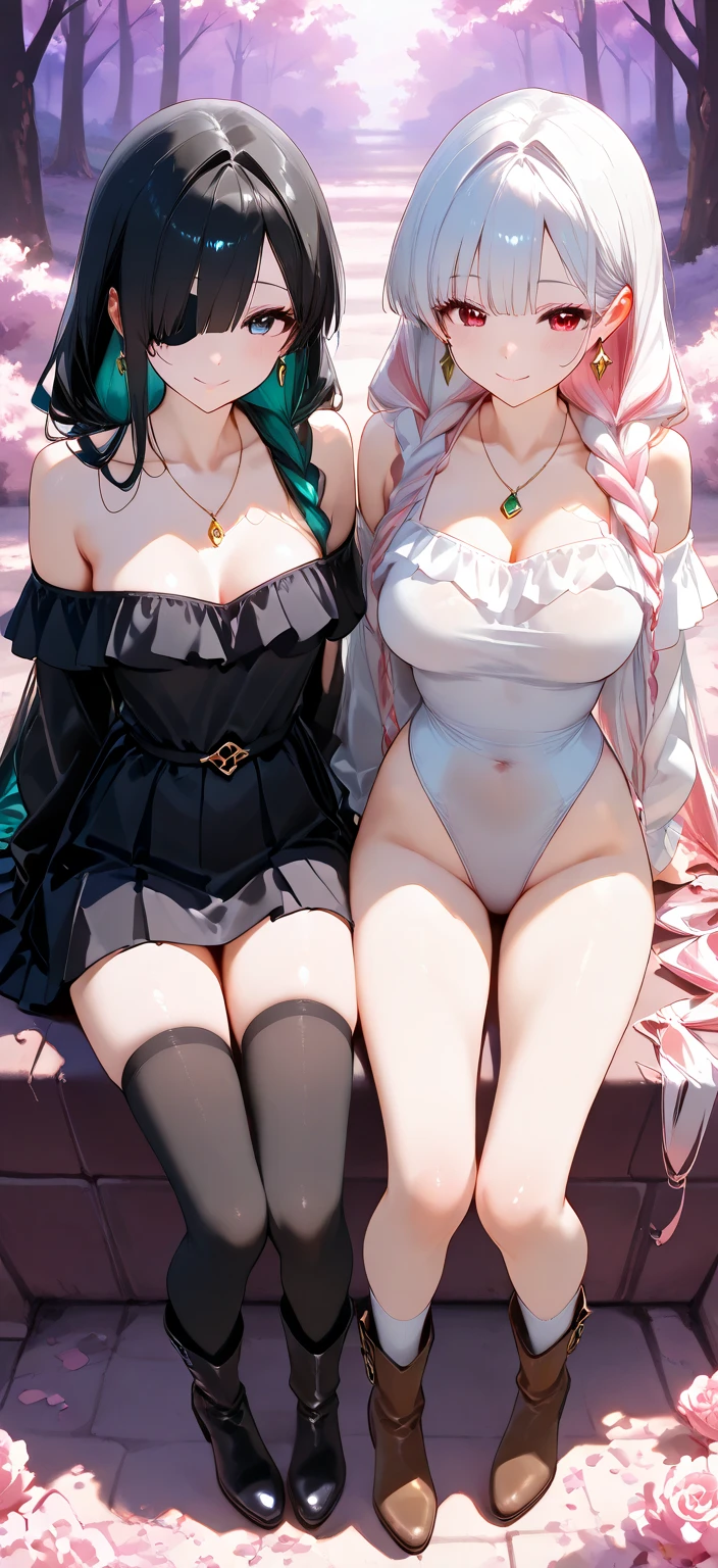 Two women with tattoos on their arms and legs in a field of marijuana, wearing green bikinis, black stockings, huge breasts, slutty makeup, lesbian art, high quality fan art, commission for high-res, weed, full body commission, cute detailed artwork, extremely high quality artwork, cannabis, cute, sexy butts