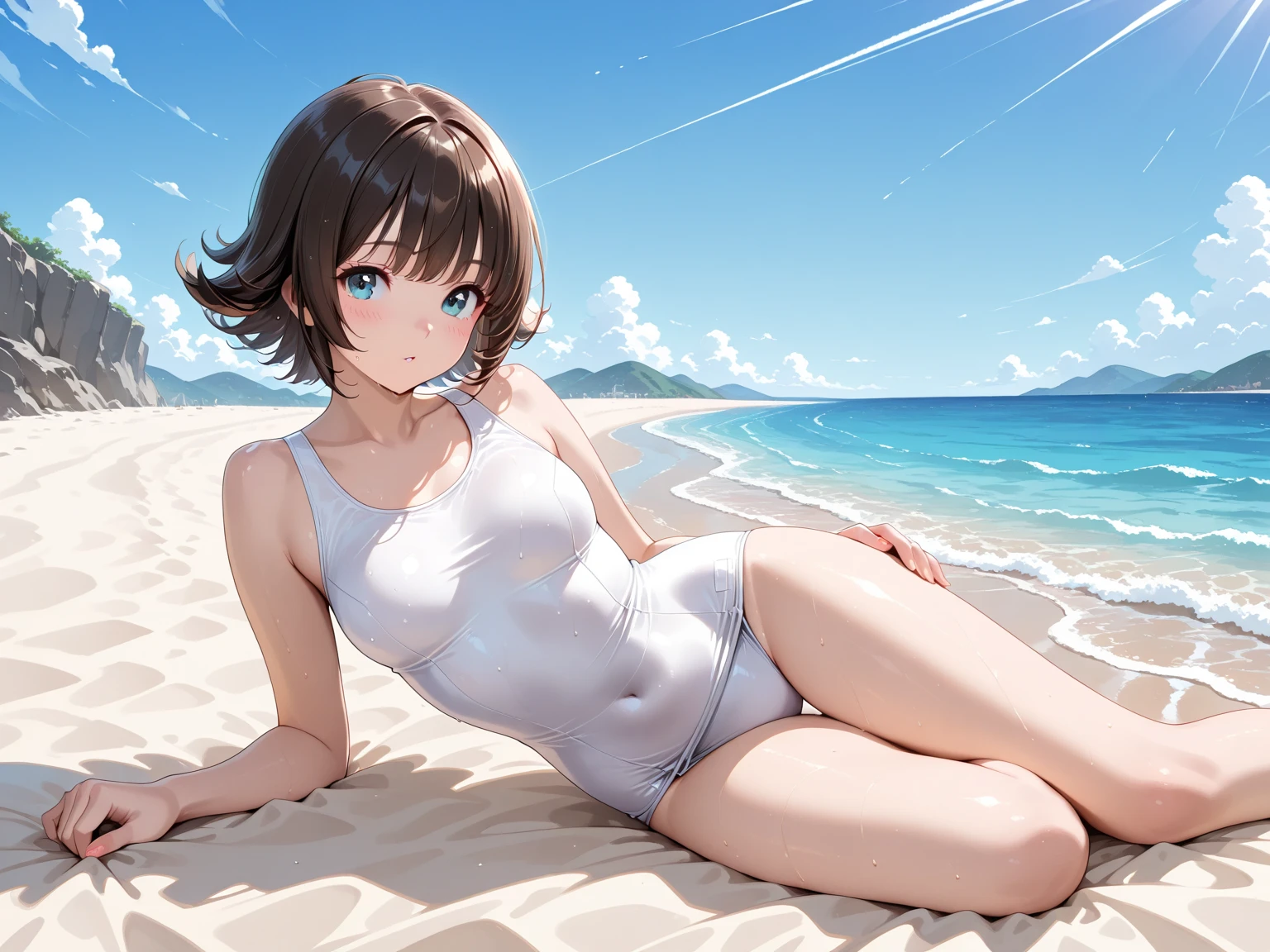 1girl in、A smile、(small tits)Chilarism、夏天、the ocean、sea bathing、(Wearing a white swimsuit)、beach、the wind、suns、
