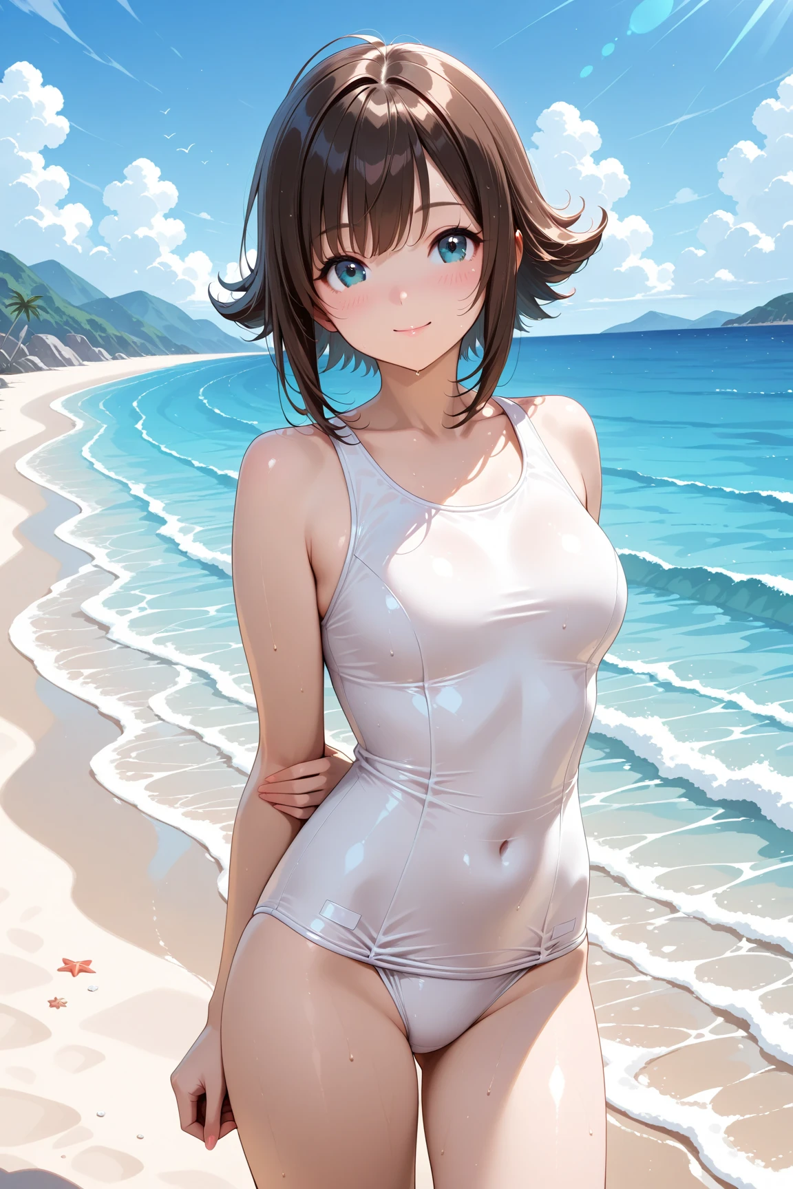 最high quality , high quality , High resolution , Detailed CG , high school girl , short hair , School Swimsuit , slender , Modest chest , Beautiful small hips , Black Hair , Two limbs , Optimal ratio , Embarrassed expression , Burning cheeks , Sea of night , Rocky reefs , A place without people , Nipples are visible , touching one's own breasts with one's own hands , facial expression during orgasm , Hiding in the shadows