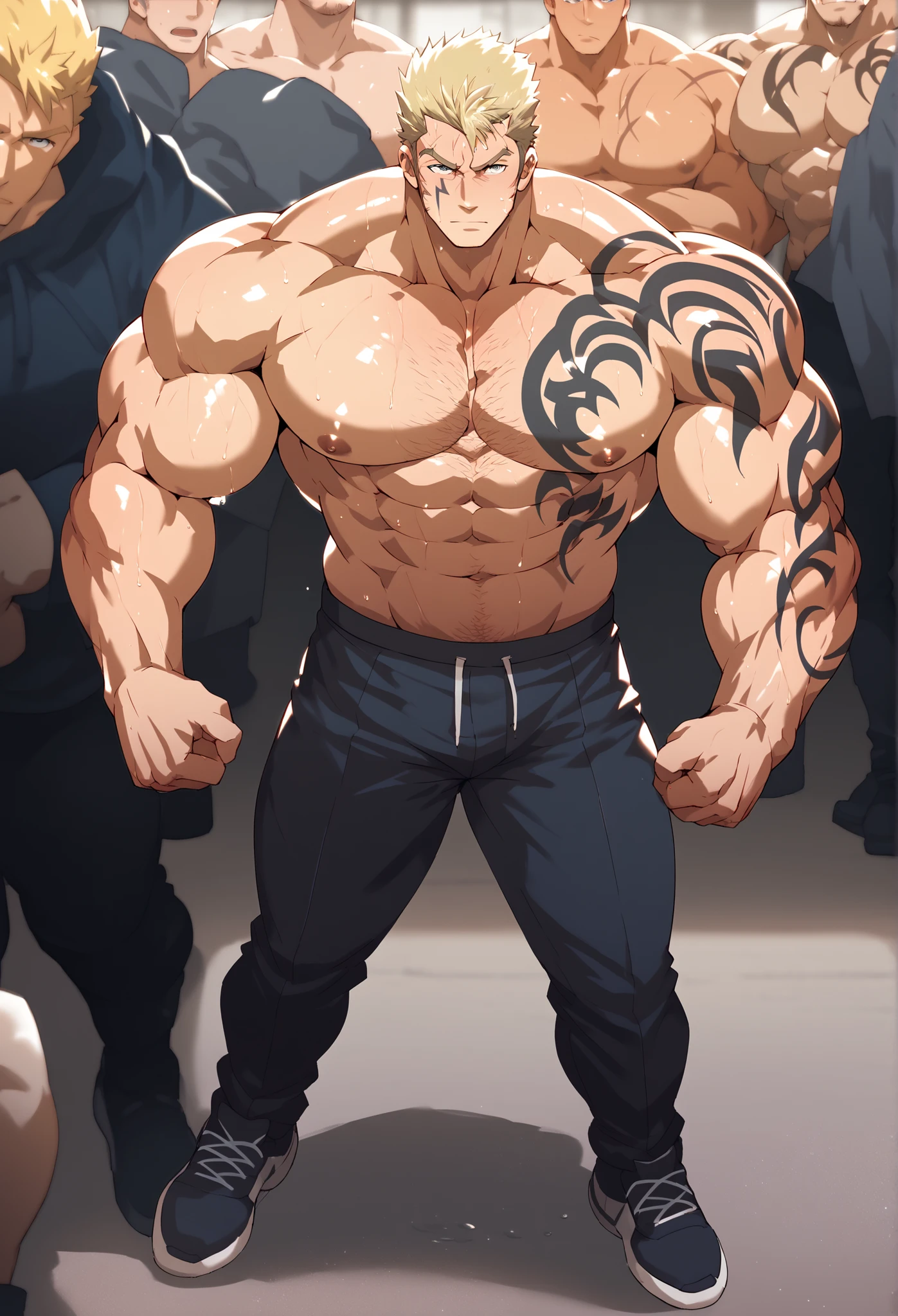 Laxus Dreyar, yellow hair, grey eyes, chest tattoo, shirtless, muscular, muscles, big biceps, broad shoulders, massive pecs, sweaty, hairy chest, grey eyes, focused, High Resolution, full body