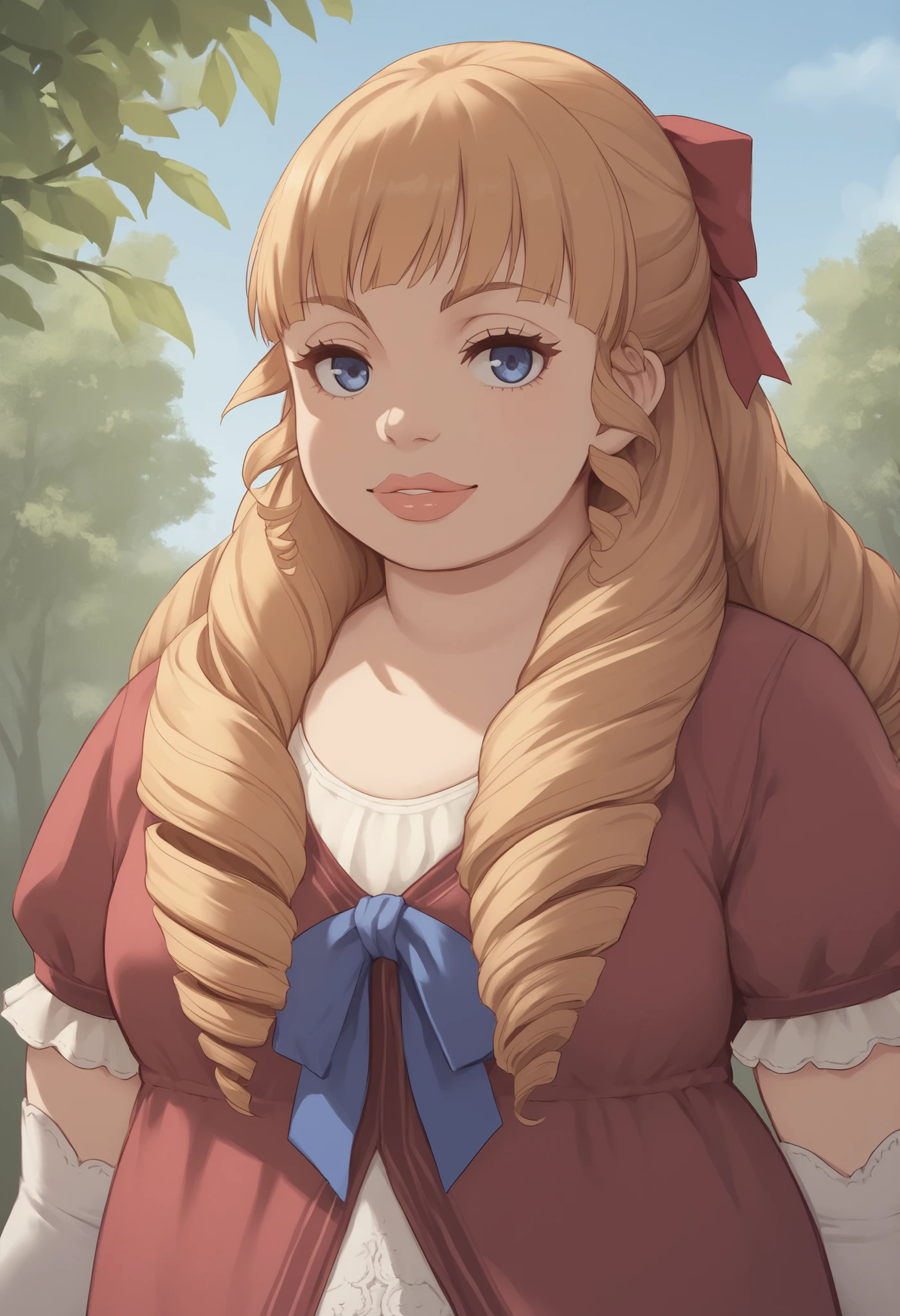 score_9, score_8_up, score_7_up, score_6_up, score_5_up, score_4_up, BREAK source_anime,
1girl, solo, upper body, portrait , looking at viewer, smile, outdoors, sky, trees,
,
Margarita Dresden, long hair, drill hair, hair ribbon, medium breasts, chubby, thick lips, red dress, frills, elbow gloves, high heels,