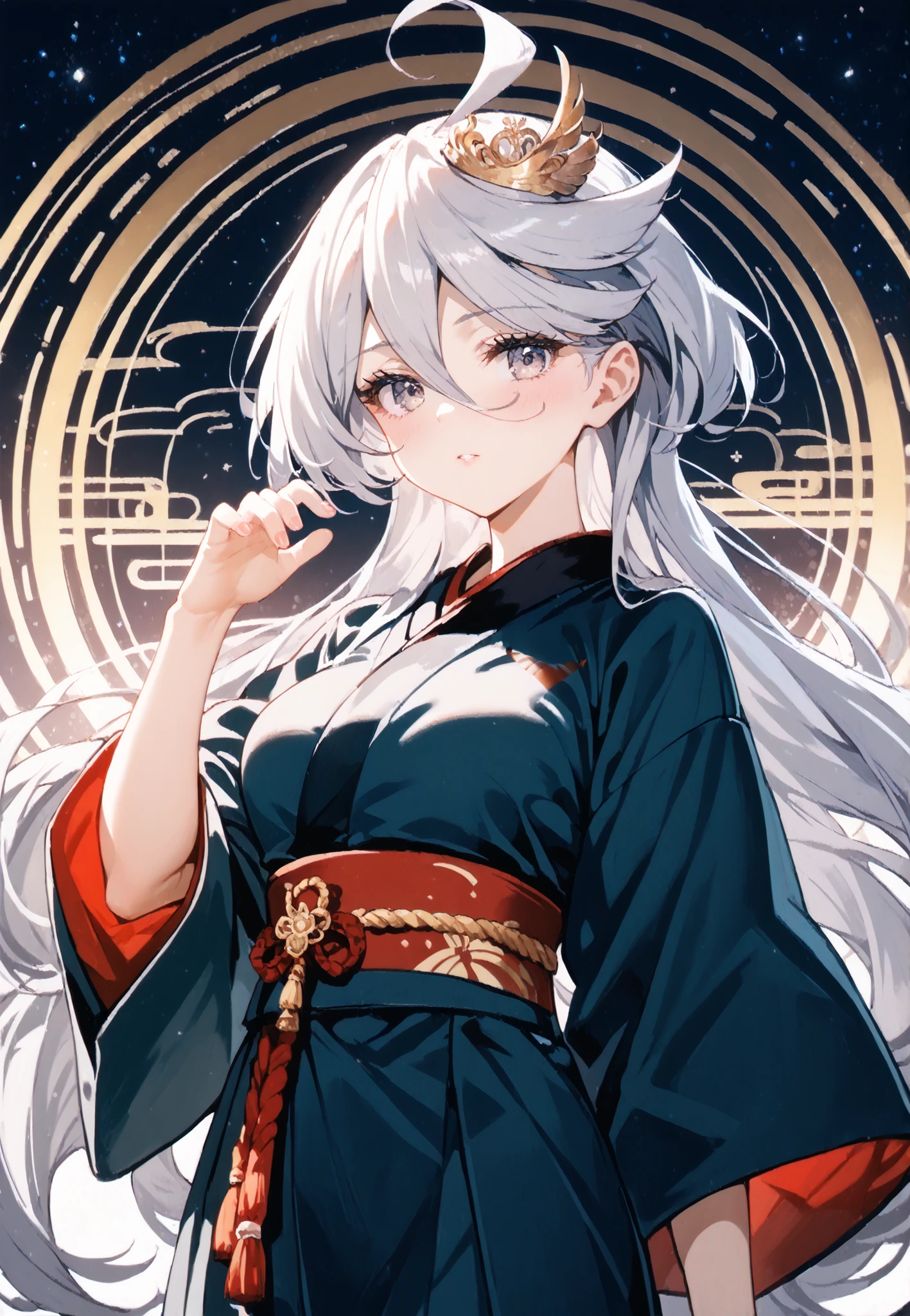 score_9, score_8_up, score_7_up, source_anime, 4K,perfect fingers,(perfect hands, perfect anatomy),prefect lighting, very aesthetic, intricate details,highly detailed background, masterpiece, high quality, best quality,
miorine rembran, ahoge, grey eyes, grey hair, hair between eyes, long hair, swept bangs, large breast,
wearing (( ,japanese clothes, kariginu, red sash, sash, tiara, )),,
blush, breasts,