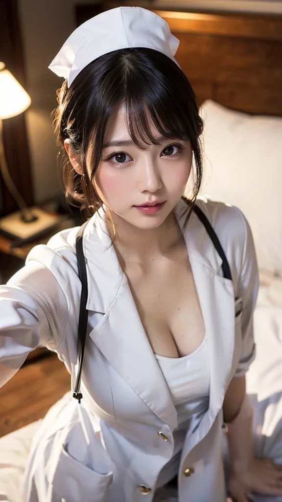 japanese woman, nurse, 19-years-old, (bukkake, cum on face and breast:1.3), anatomically correct, perfect anatomy, very cute, beautiful, (white nurse uniform:1.3), ((embarrassed:1.3)), blush、(hospitalroom:1.1), (highest quality:1.3)、Best Lighting、high resolution、(8K, High resolution:1.2), (photograph, photorealistic:1.2)、Face is in focus、(Focused, symmetrical pupils:1.2)、Beautiful Skin、Natural Makeup、gross lip, High-definition hair texture, (looking at viewer:1.2), (half updo:1.3), (multiple angles:1.2), (small breast, cleavage:1.1), (put hand on one’s face:1.1)