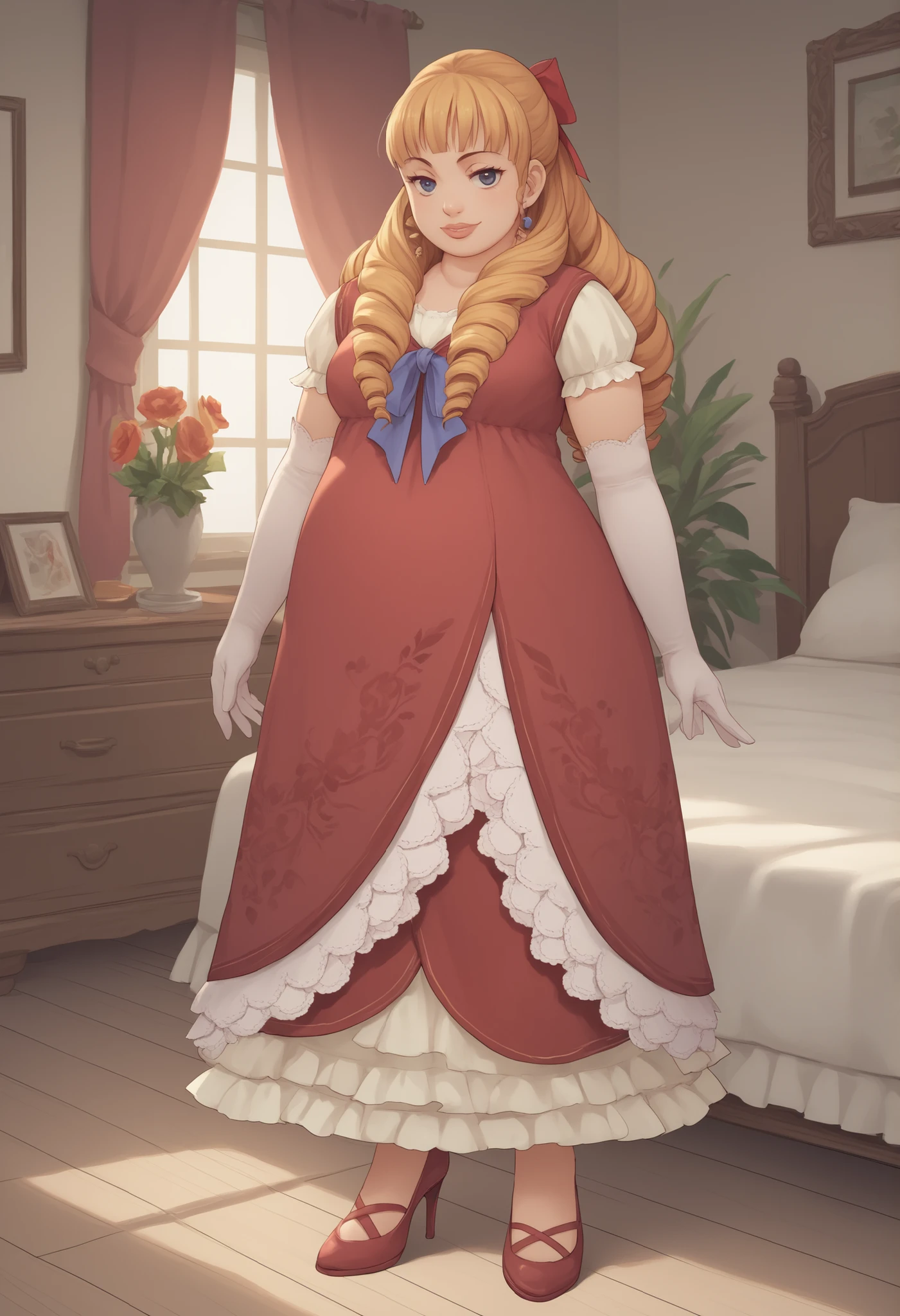 score_9, score_8_up, score_7_up, score_6_up, score_5_up, score_4_up, BREAK source_anime,
1girl, solo, full body shot, looking at viewer, smile, bedroom,
,
Margarita Dresden, long hair, drill hair, hair ribbon, medium breasts, chubby, thick lips, red dress, frills, elbow gloves, high heels,