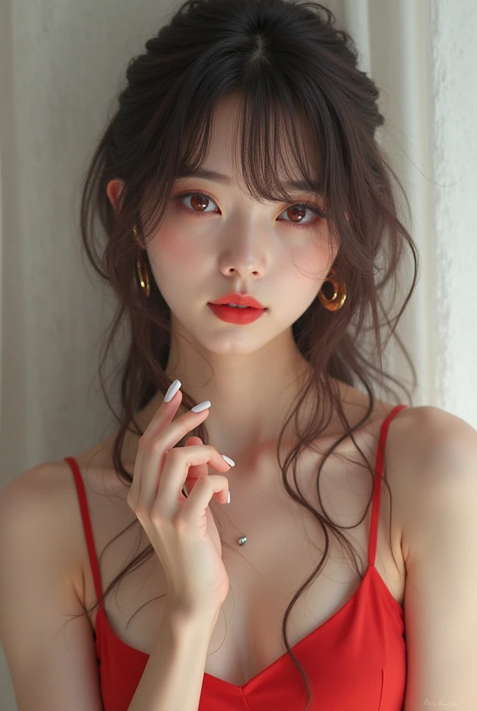 (masterpiece),(best quality:1.0), (Ultra-high resolution:1.0), Detailed description, 8k, Japanese cartoons, 1 Girl, beautiful Japanese cartoons girl, Wearing a red dress, corolla, Pretty Face, Delicate face, beautiful eyes, Delicate eyes, Deep red eyes, Bright red lips, Red lipstick, Beautiful and stylish hair, Hair highlights, bangs Japanese cartoons style, best quality, Energetic