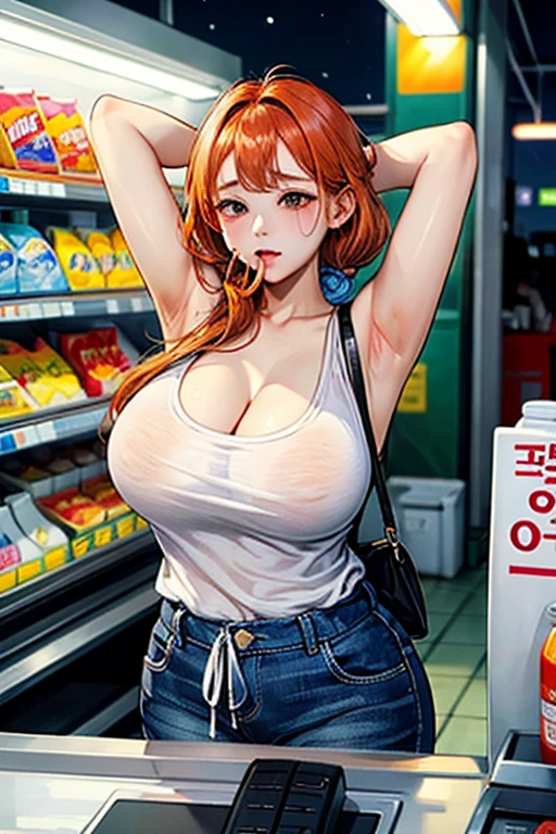 eyelashes,eyeshadow,eyebrows,red eyes, small nose, lips, smile,face,red hair,straight hair,1girl,18 years old,(big breasts:1.5), tank top,cleavage,spaghettie straps,red tank top,(petite body),narrow waist, small hips, jean shorts,blue shorts,bare legs,standing straight, full body view, in the shopping mall