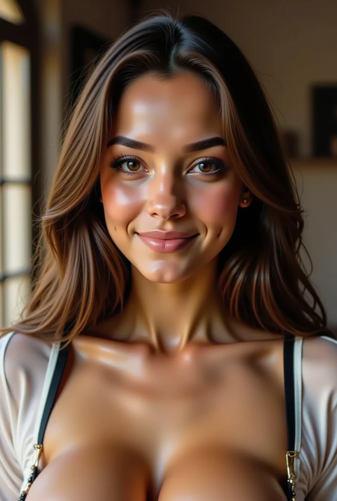 masterpiece, Highest quality, 8K, Official Art, Cinematic Light, Ultra-high resolution, perspective from diagonally below, Tie your hair back tightly、One Mature Woman, 45 Talent,Beautiful Face with seductive smile、Sexy mother, Earrings, View your audience, hoop Earrings, Brown Hair, Brown eyes, full nude body, Pink lipsDetailed face、Fine grain、Detailed gaze、