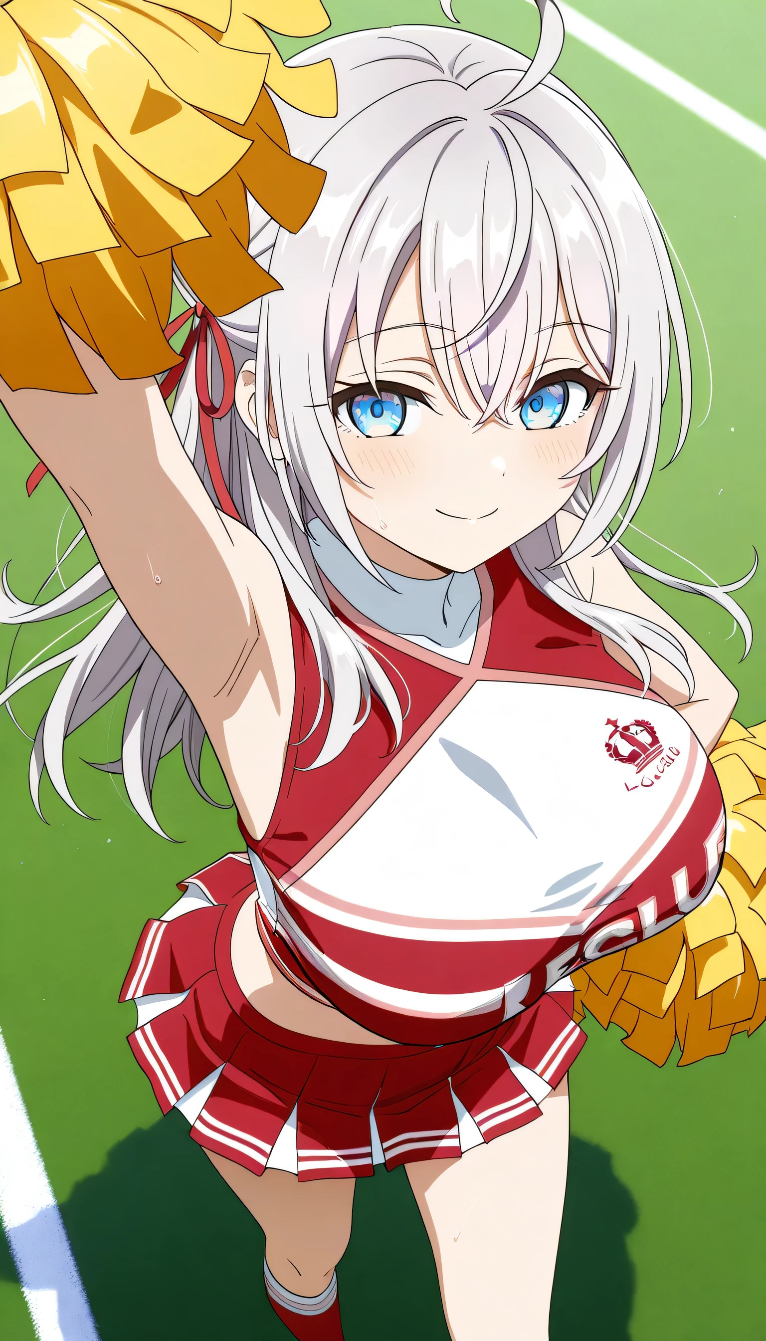 alone, 1 girl, alisa mikhailovna kujou, long hair, white hair, blue eyes, Red Ribbon, Big Breasts, wearing a red cheerleader costume, Cheerleading dance, smile, background, football field, high-angle image, The set of the Liverpool club