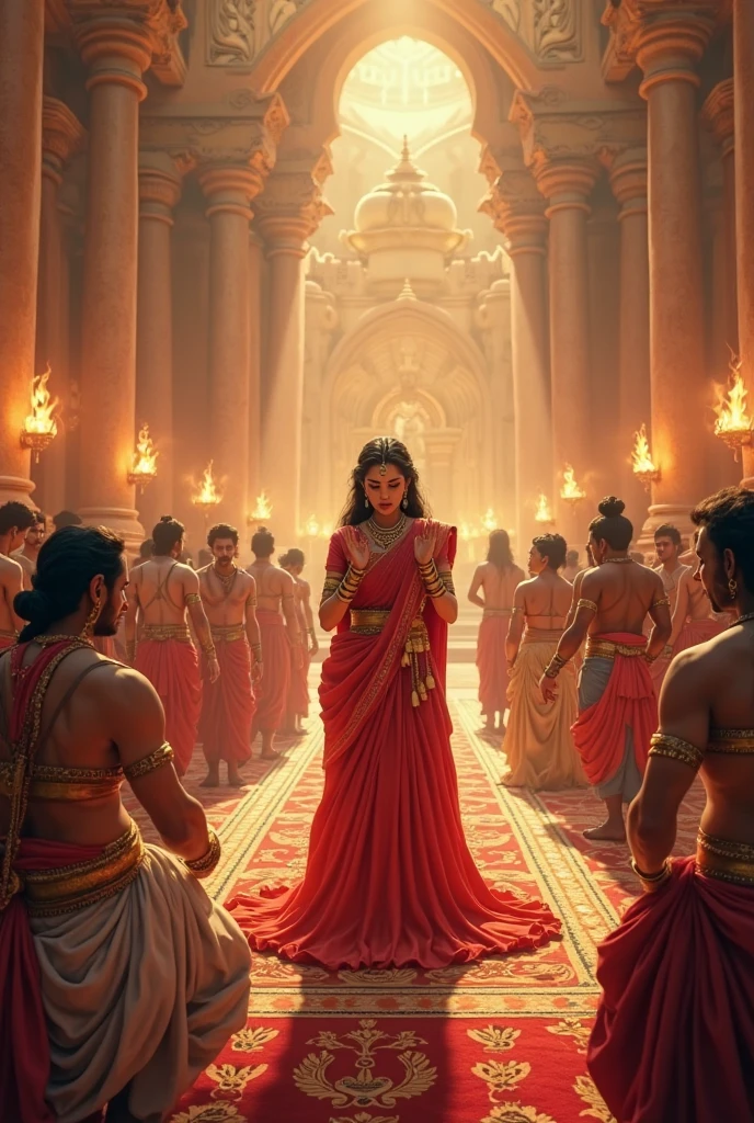 In cinematic 3d cartoon style "A dramatic scene depicting Draupadi standing in the Kaurava court, surrounded by the Kaurava brothers and other courtiers. She appears distressed, with a look of defiance, while Dushasana and other Kauravas attempt to disrobe her. The setting is a grand ancient court with opulent decorations."