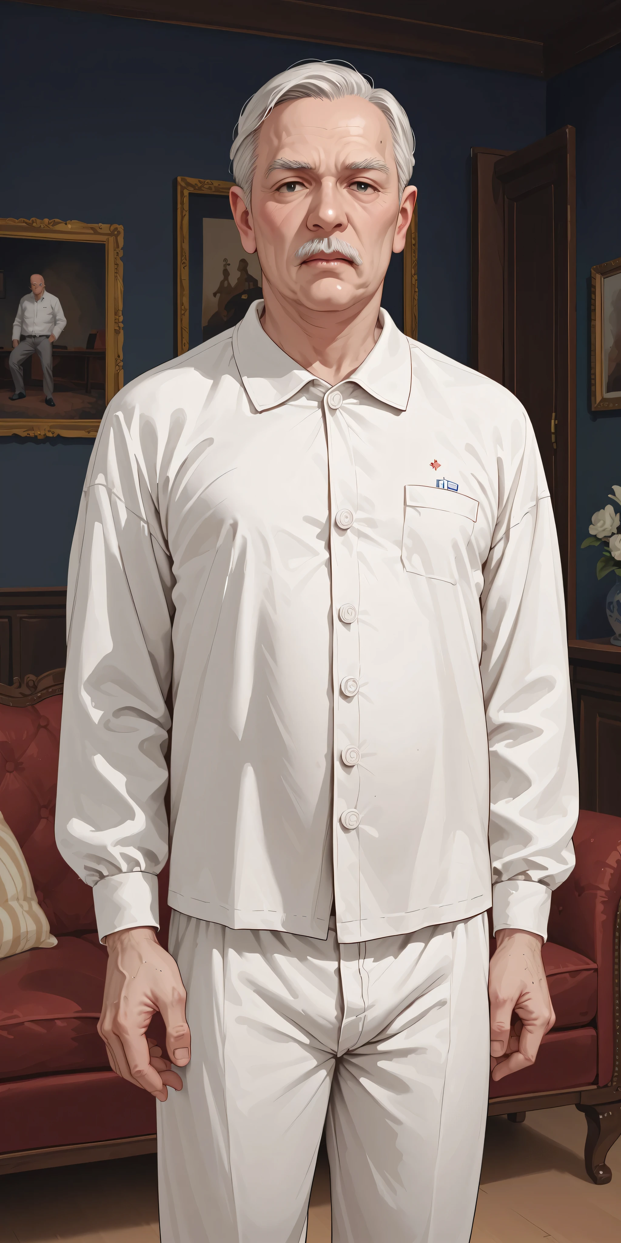 ((Dark room:1.7, living room)) old man, wearing white matching pajamas