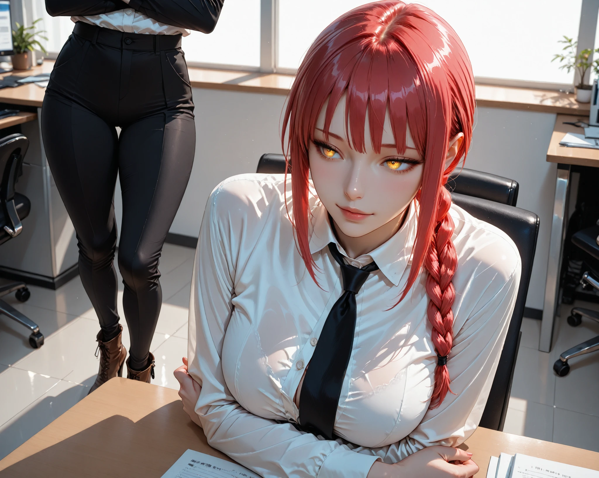 MakimaLora, 1girl, long hair, looking at viewer, shirt, yellow eyes, white shirt, braid, sidelocks, red hair, necktie, teeth, solo focus, collared shirt, blurry, pov, formal, black necktie, braided ponytail, realistic, biting, ringed eyes, makima \(chainsaw man\) <lora:MakimaLoraV3_animagine:1.0>