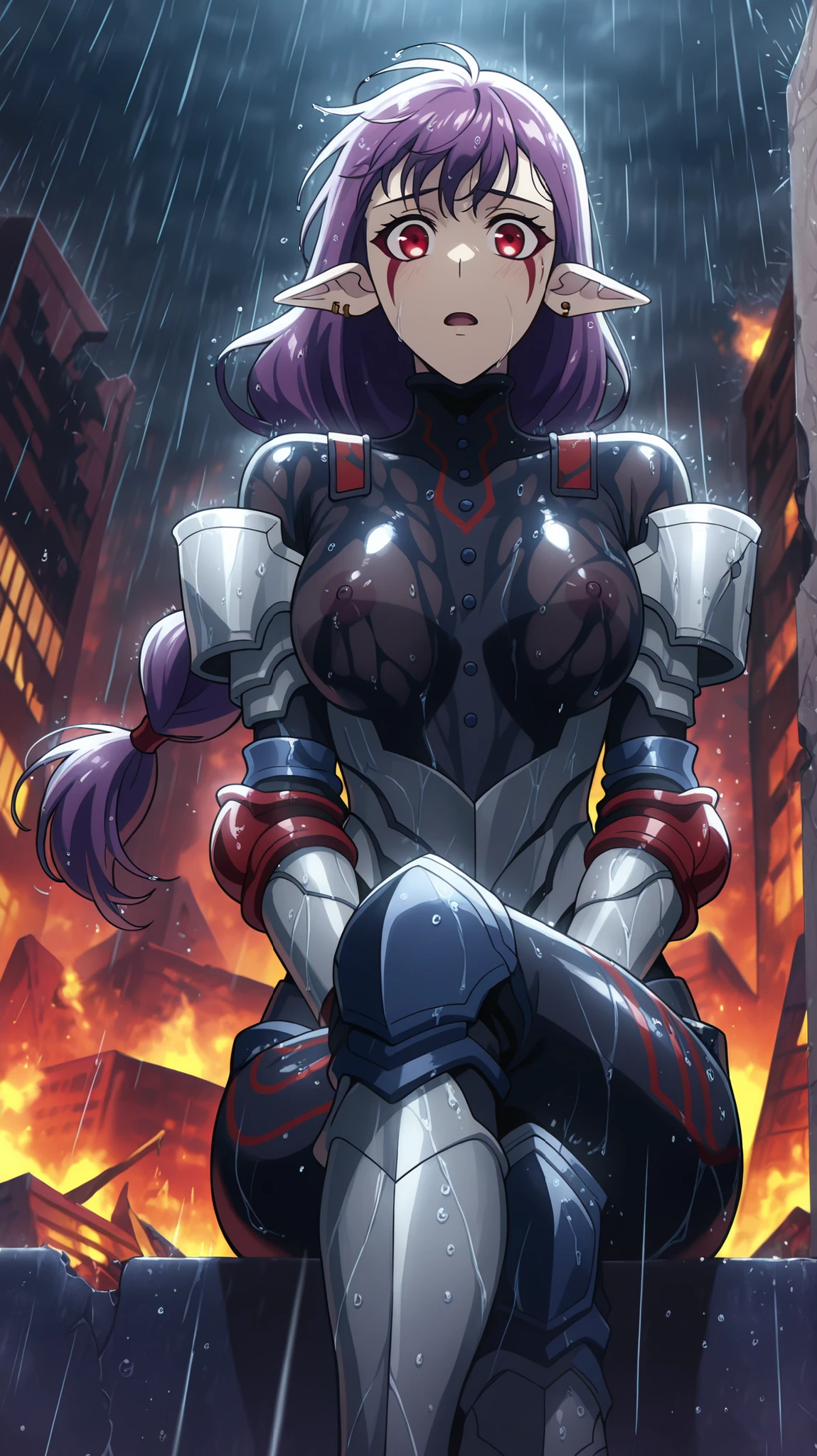 BREAK (masterpiece:1.2), best quality, high resolution, unity 8k wallpaper, (illustration:0.8), (beautiful detailed eyes:1.6), extremely detailed face, perfect lighting, extremely detailed CG, (perfect hands, perfect anatomy),ruined city, hell seting,broken buildings, rain,storm, fire,dark atmosphere,looking at viewer, single braid, long hair, floating hair,wet hair,purple hair, red eyes, facial mark, pointy ears, earrings,tight black bodysuit, red trim, buttons, grey armor, blue elbow pads, gauntlets, greaves,sitting in middle,wet clothes,close up photo,open mouth,very shy,photo from below,cross legs,nipples see through
