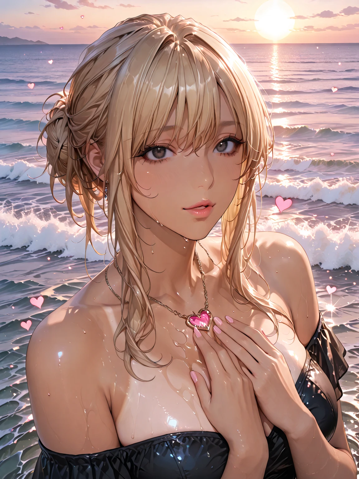 1 beauty, (Light Purple Eyeshadow),platinum-blonde-hair, thick body,thick neck, broad shoulders:1.4, Smaller face, (Long body:1.2), Watery Big Eyes, Toned body, Beautiful constriction, ((Erotic face:1.4)), long eyelasher, in poolside, Wet whole body, ((Glittering champagne gold colored bikini swimsuit:1.4)), (wet and disheveled hair:1.4), ((Perfect Anatomy:1.2)), (Heavy sweat on the face:1.2), Splattering splashes shine:2, fine splashes on the body, (Platinum Necklace and Earrings), (Sunset colored sky:1.4)
