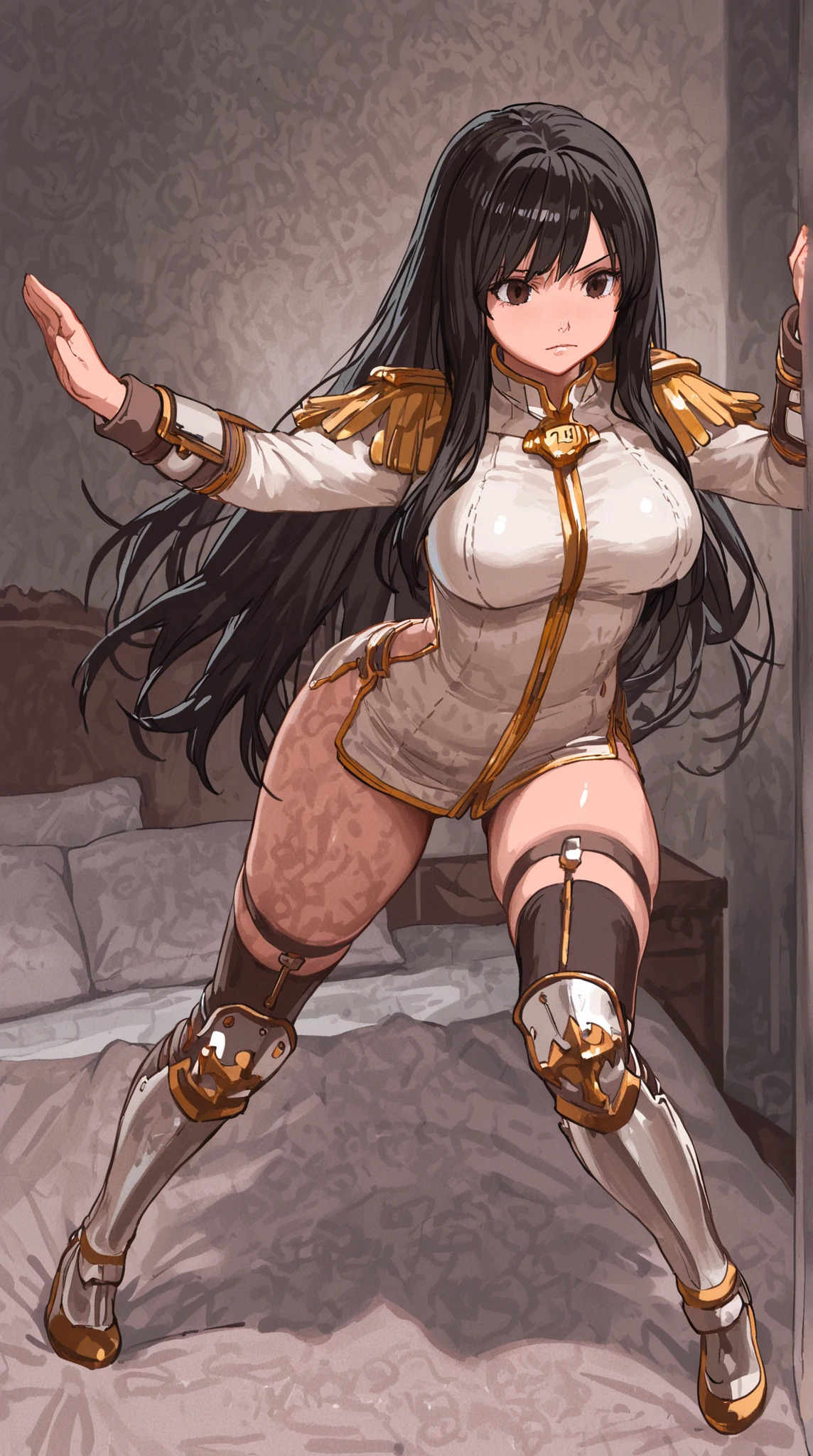 1girl,braune Haare,rote Augen,(Blush:1.1),dark brown leather armor,Full body,Zittern,(Geschwindigkeitslinien:1.1),small breasts,((heavy breathing:1.3)),tight leather armor,Stirnrunzeln,wide hips,schlanke Taille,thin,Panik, Schulterpolster aus Rabenfedern, , scared, small breasts, very thin, Im Inneren des Schlosses, Rabenemblem auf der Brust, zappeln, Pferdeschwanz