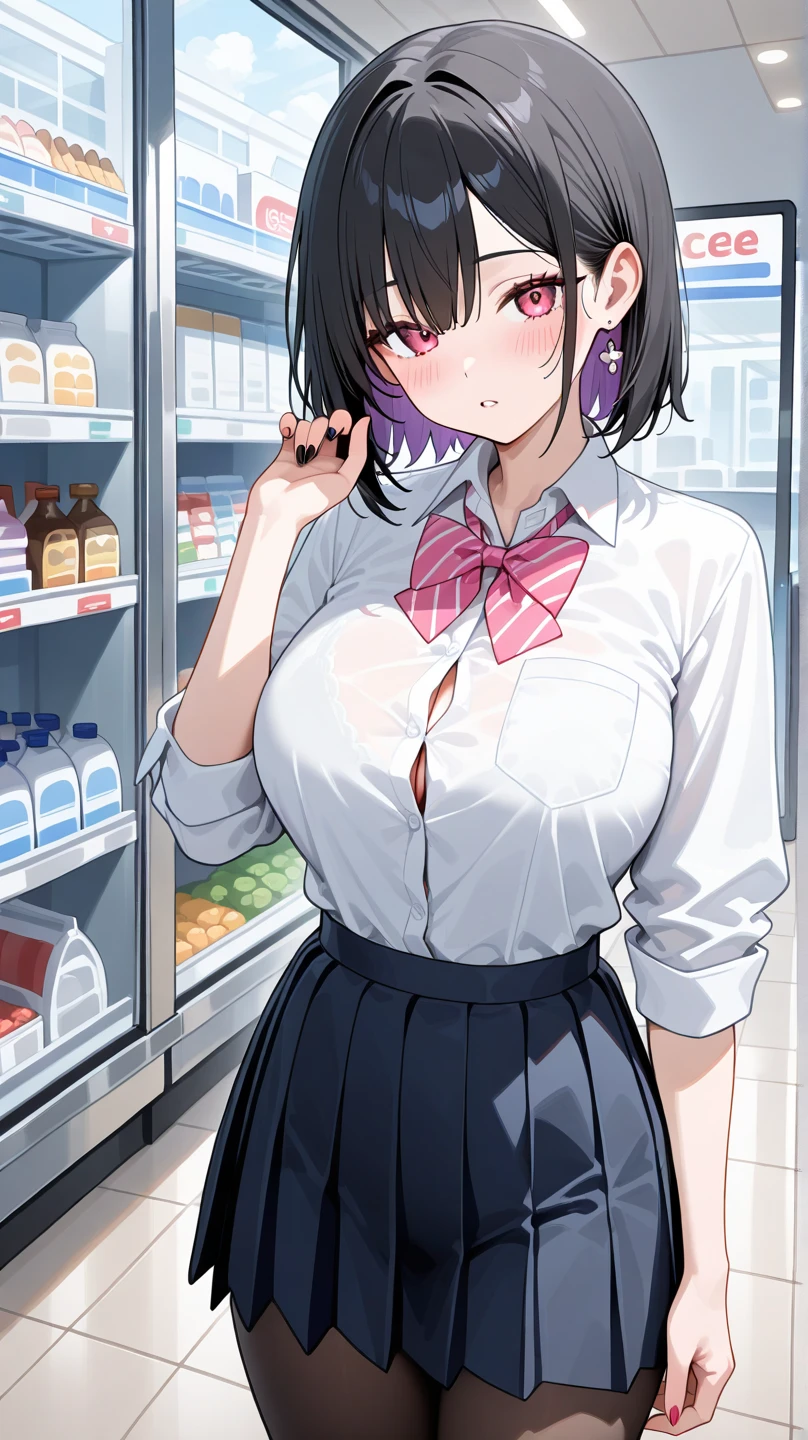 Girl with short black hair, Blue inner hair:1.25) , Purple eyes, Look down、impatience、avert your eyes, Blushing, Embarrassing, indoor, market, cash register, Oversized T-shirts, wet, Center of chest, Nighttime atmosphere, (((Big tits cleavage))), Upper Body, concentrated, Blurred Background, convenience store customer, コンドームとローションをcash registerに置いて支払いをする女の子、Flashy makeup, (garu fashion:1.2)、((Shame,steam,sweat))