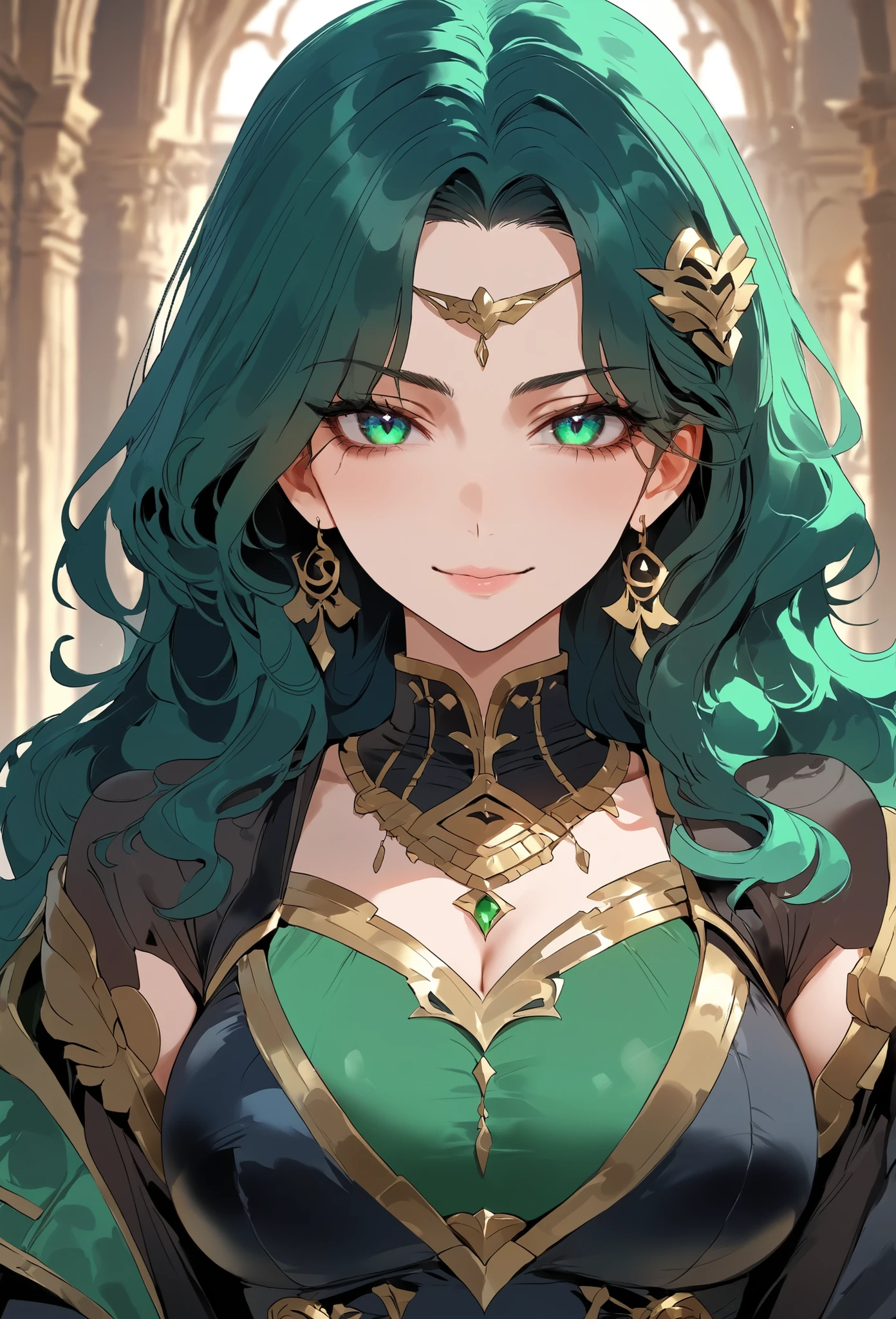 score_9, score_8_up, (masterpiece, top quality, best quality, official art, beautiful and aesthetic:1.2), (8k, best quality, masterpiece:1.2), (((masterpiece))), (((best quality))), (((extremely detailed))), illustration, (masterpiece, top quality, best quality, official art, beautiful and aesthetic:1.2), (8k, best quality, masterpiece:1.2), see-through, source_anime, 1girl, adult, ((green hair)), green hair, ((intimidant look)), ((close-up)), green eyes, black clothes, sexy, dark colors, brillant eyes, ((wavy hair)), perfect hands, ((intimidant look)), good anatomy, ((dark lon clothes)), emotionless, intimidant, ((beautiful eyes)), close up, ((detailed eyes)), beautiful eyes, ((detailed face)), frontal look, arrogant smile, detailed face, diadema, full body
