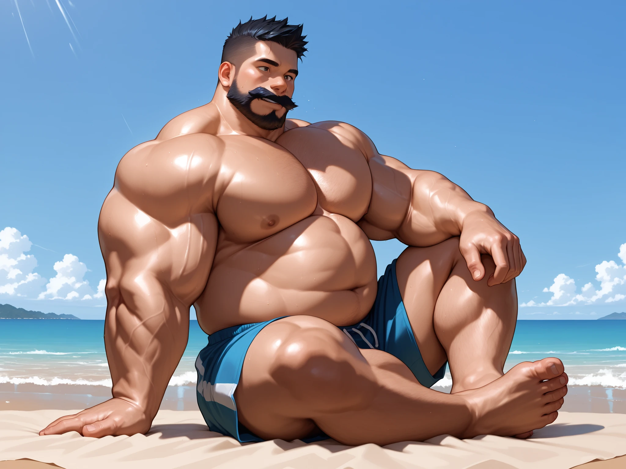 There is only one handsome Asian actor in the picture,35 years old,Tall and handsome, Toned body,short hair, O-Shaped Beard,Perfect body, Dark skin,Glowing skin,Smooth skin,The body is hairless,Muscle bulge, Muscular, Very large pectoral muscles,Very sexy abdominal muscles,Very well-developed leg muscles,Huge concave and convex area,Brightens oily skin,Wearing black leather shiny thong,Handsome face, Correct and accurate male body proportions, Wear black leather shiny socks,Standing by the sea,There is a rainbow in the sky。