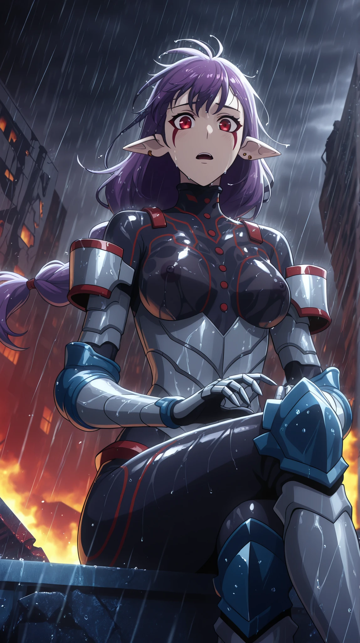 BREAK (masterpiece:1.2), best quality, high resolution, unity 8k wallpaper, (illustration:0.8), (beautiful detailed eyes:1.6), extremely detailed face, perfect lighting, extremely detailed CG, (perfect hands, perfect anatomy),ruined city, hell seting,broken buildings, rain,storm, fire,dark atmosphere,looking at viewer, single braid, long hair, floating hair,wet hair,purple hair, red eyes, facial mark, pointy ears, earrings,tight black bodysuit, red trim, buttons, grey armor, blue elbow pads, gauntlets, greaves,sitting in middle,wet clothes,close up photo,open mouth,very shy,photo from below,cross legs,nipples see through