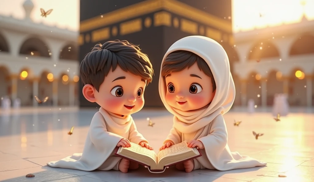 for Ramadan booklet,  draw Cream color background with two small lanterns and little stars with light cream mosque. Also two hijabi children reciting quran. And please write my ramadan journey 