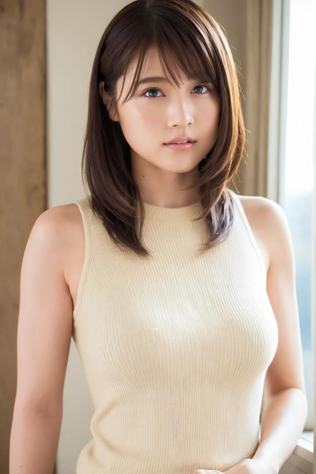 (8k, RAW Photos, highest quality, masterpiece: 1.2), (Realistic, photoRealistic: 1.37), Super Detail, Ultra-high resolution, One Girl, Beholder, Beautifully detailed face, smile, narrow, (Narrow waist): 1.3),A very thin, tight shirt:1.5, Beautifully detailed skin, Skin Texture,Fresh skin,Smooth skin, Wet Skin,Floating Hair, Professional Lighting, Big Breasts,((The shape of the breasts is very clear:2.0)),((((very long nipples:1.9 I can see it clearly)))), Kind eyes,(((((A very thin, tight, white sleeveless top:1.9, Peering))))),sexy