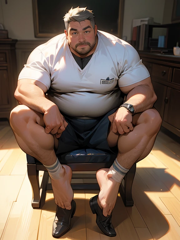 full body, a young chubby fat white european handsome guy with short clean shaved undercut haircut, with a round huge belly, no abs, wearing metallic-blue shiny rubber shirt, white Nike lycra shorts, long white high soccer socks, white Nike vapormax sneakers, white Nike cap, silver chunky chains, bracelets, rings, lying on the floor, arrogantly looking at us, pointing his feet, in a sparsely furnished and dirty room