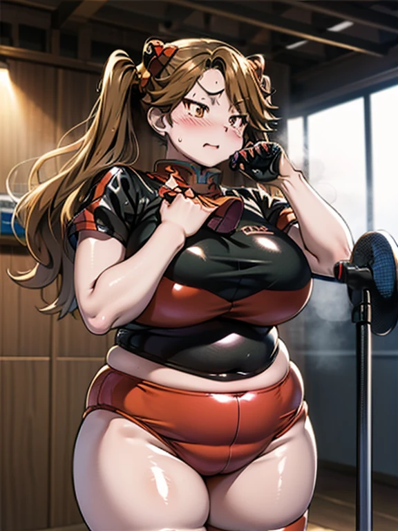 Woman wearing stretch pants,Brown Hair,Light brown eyes,Twin tails,Thick bones,Beautiful curves,Medium Hair,Curvaceous body,Blushed,Captivating look,Smooth and thick thighs,Chubby!!,Sweat,vapor,Wide torso,tight,heart,Small Bust,On all fours,