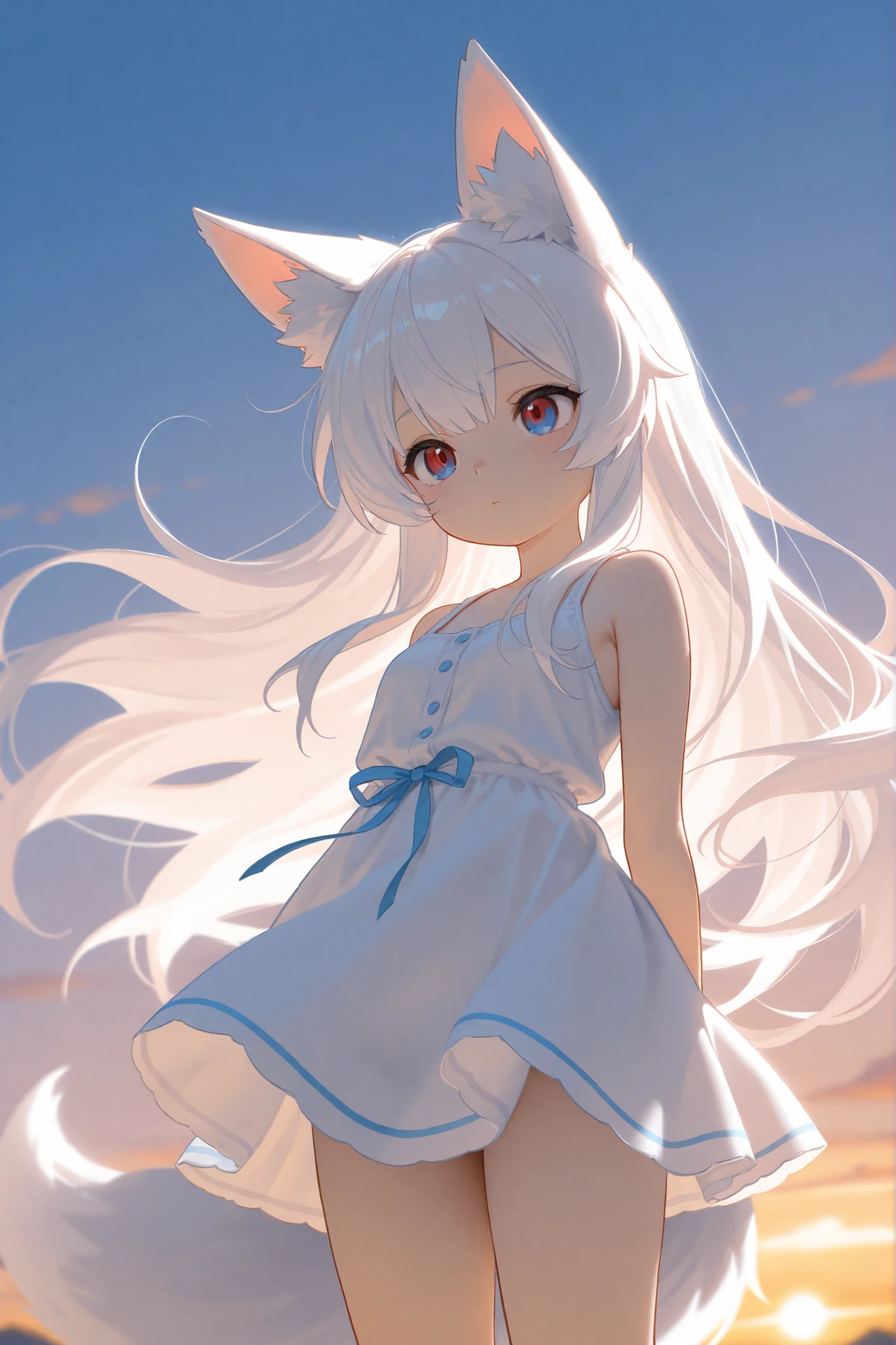 High resolution、masterpiece、Ultra high definition、One girl, solo、Cat ear、Silver Hair、White off-the-shoulder shirt、Camouflage pattern skirt with slits、Cute smile、20 year old sexy model、Very detailed explanation、Silver Hair、Cat ear、Beautiful big 、Delicate face、Beautiful clavicle、Attractive lips、Fuller lips, Red lips,Original photo, Highest quality,Full body woman love,Dynamic pose,1 girl,solo、Beautiful Eyes,Brown eyes,eye shadow,cosmetics、完璧なSilver Hair、Perfect ponytail、Perfect Head、Perfect body、Perfect Legs、Highly detailed background、Self-Defense Force Base、In front of the tank、blue sky、SD1.5、Chibi