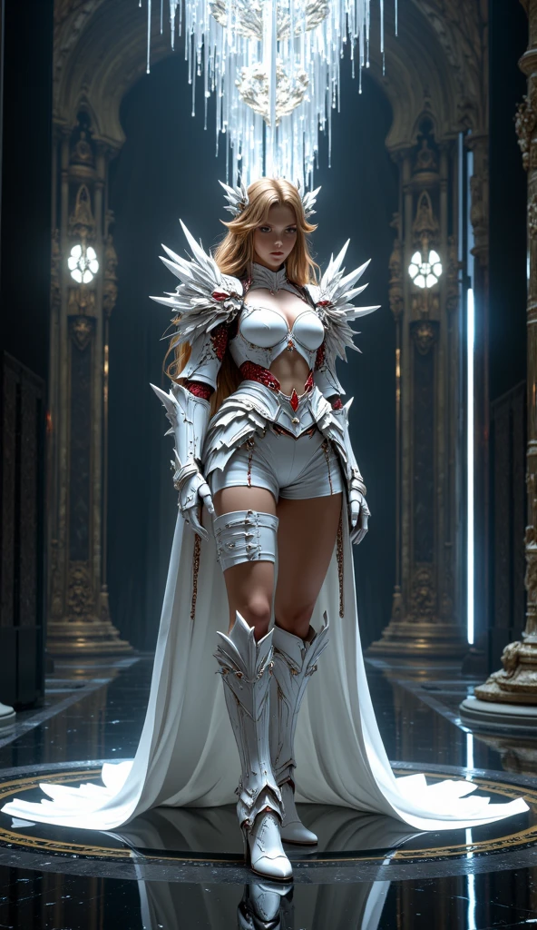 il y a une femme dans une tenue blanche et dorée qui pose, rendu divin, cinematic Goddess body shot, art du personnage de rendu 3D 8 k, Biblical female android, unreal engine render + a Goddess, en armure futuriste blanche, hyper-detailed fantasy character, Goddess. Extremely high detail, superbe rendu 3D fantastique, jolie femme religieuse, Beautiful cyborg priestess, c'est 3 jours