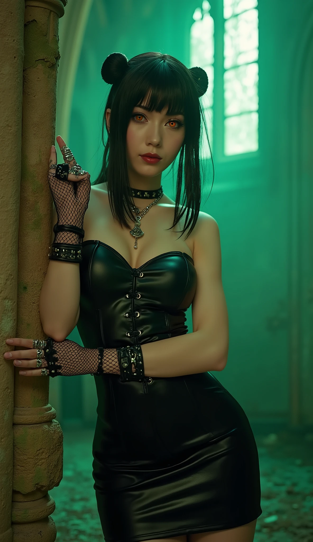 Waist-up shot of emo model wearing sexy gothic corset with daring neckline and a black miniskirt, authentic mid-2000s Hot Topic accessories: fishnet choker with steel spikes, layered wristbands (studded leather + chain links), fingerless mesh gloves, multiple silver rings, dynamic pose leaning against crumbling altar with arched back, intense seductive eye contact and subtle seductive smile, abandoned gothic cathedral interior with green-hued atmosphere, moss-covered stone walls, broken stained glass filtering emerald light, volumetric fog, detailed fabric textures, photorealistic cinematic lighting, shot on Sony 85mm f/1.4 GM --[STRICT LoRA FACE and HAIR PRESERVATION] --ar 9:16 --style raw --s 68 --hand_refinement 2 --no tattoos,facial description,full body,shoes,explicit content,excessive skin,vulgarity