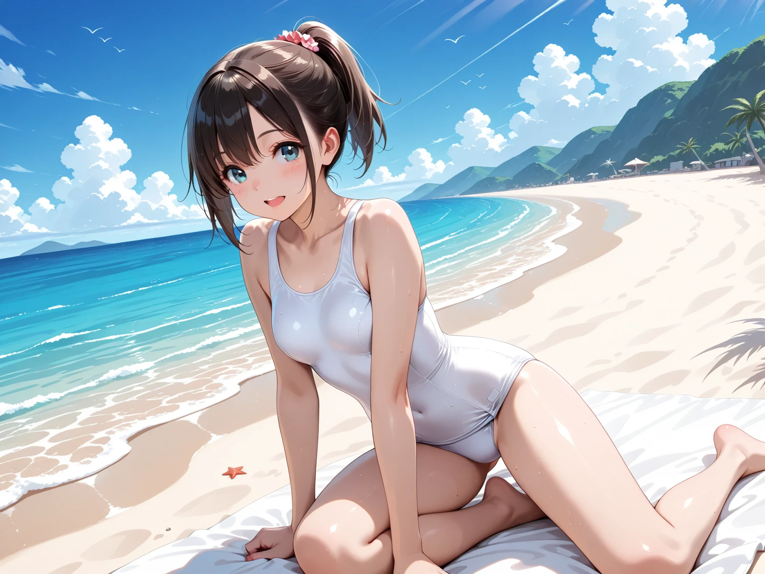 obra-prima, Planta com folhas brancas, 1girl wearing a white swimsuit, corpo inteiro, coxas grossas, with a beautiful landscape behind, 4k, ((best resolution)), ((melhor qualidade)).