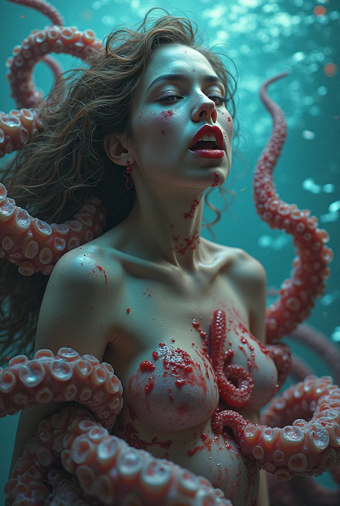 Italian actress Monica Belluci semi-naked, wet and surrounded by hundreds of giant white tentacles, seductive, lascivious look, excited
