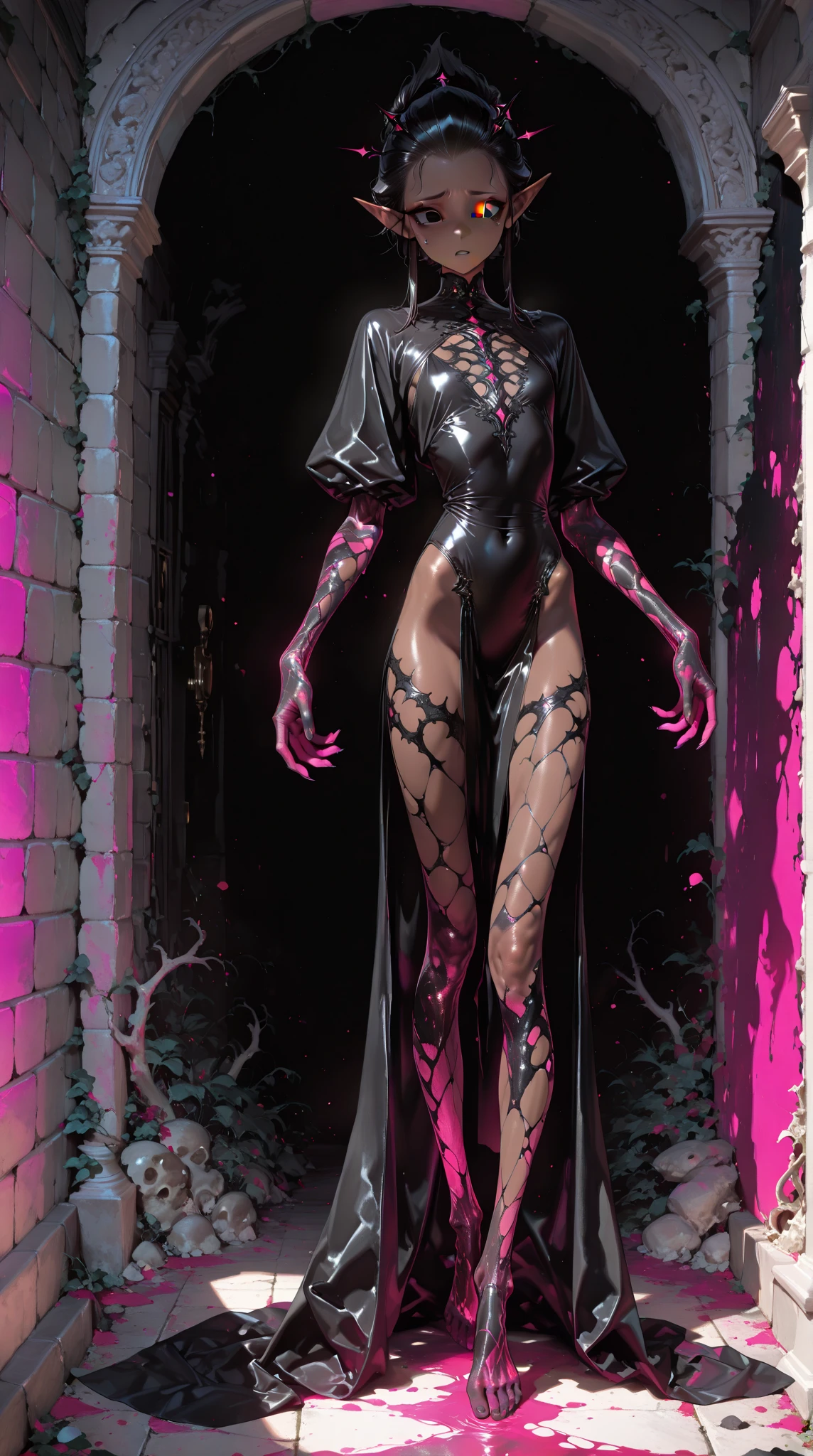 A towering, sinewy demon with crimson skin and a massive, exposed heart beating visibly in its chest. Dark veins snake across its body, pulsing with each heartbeat. It wears a necklace of stethoscopes that glow with a sinister light, and its hands are equipped with long, delicate claws perfect for precise surgeries. The demon's eyes are sharp, like surgical scalpels, and it stands in a dimly lit room filled with eerie medical equipment.