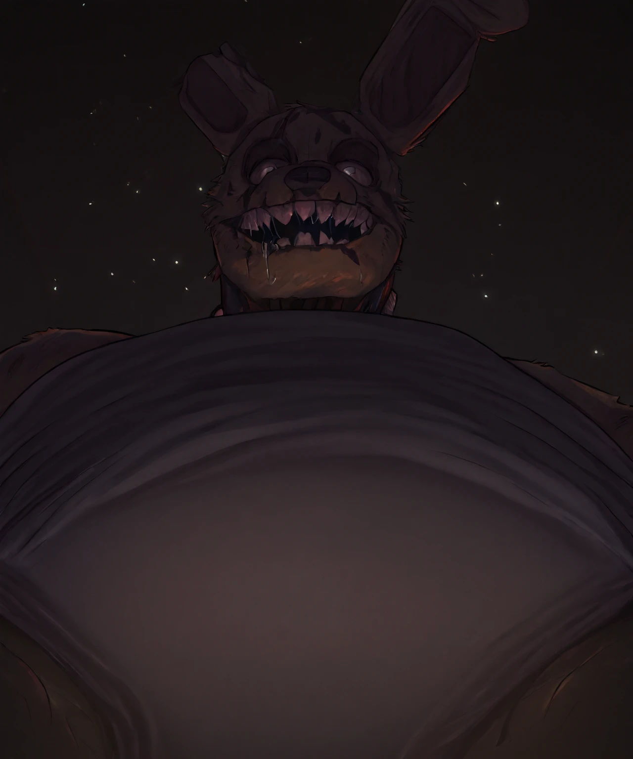 Score_9,score_8_up,score_7_up,score_6_up,bat \(animal\),bat,fluffy,furry,1girl,solo,big breasts,plump,wide hips,thick thighs,bat ears,red eyes,glowing_eye,bat wings,large wings,black_fur,sharp fingernails,looking back,ass focus,squatting,blood from mouth,eating,food theft,blood_trail,barn,indoors,night,dark,fisheye,realive,low quality,dreepy,from side,from behind,close-up,<lora:Horror_CCTV:0.8>,