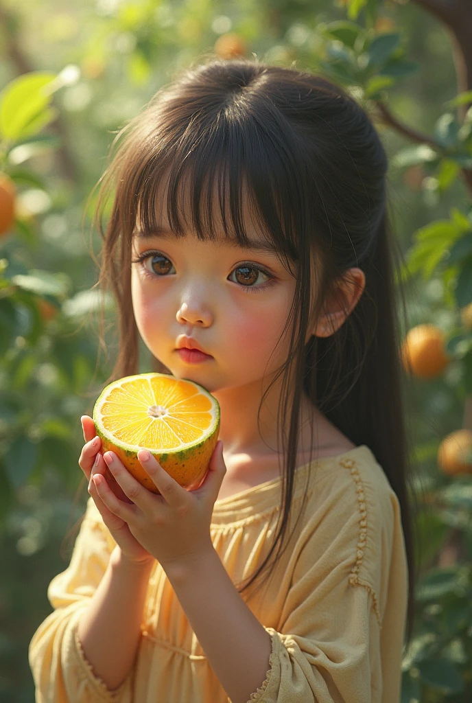A set of warm photos, 7 years old Chinese girl, exquisite face, big eyes, vintage floral dress, headscarf, picking ripe oranges in the oranges garden, the trees and the ground are covered with oranges, backlight dusk, Canon 85 lens shooting, blurred background, vintage oil painting style, layered details,8k, super detail