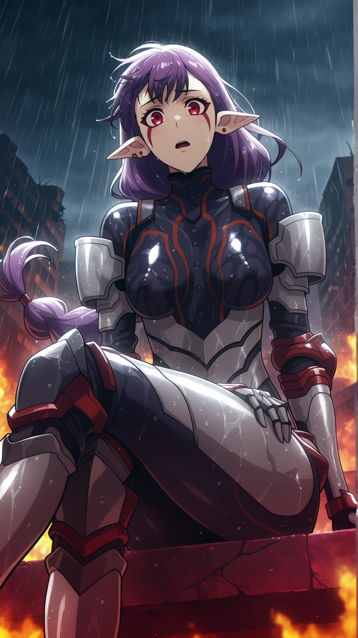 BREAK (masterpiece:1.2), best quality, high resolution, unity 8k wallpaper, (illustration:0.8), (beautiful detailed eyes:1.6), extremely detailed face, perfect lighting, extremely detailed CG, (perfect hands, perfect anatomy),ruined city, hell seting,broken buildings, rain,storm, fire,dark atmosphere,looking at viewer, single braid, long hair, floating hair,wet hair,purple hair, red eyes, facial mark, pointy ears, earrings,tight black bodysuit, red trim, buttons, grey armor, blue elbow pads, gauntlets, greaves,sitting in middle,wet clothes,close up photo,open mouth,very shy,photo from below,cross legs,nipples see through