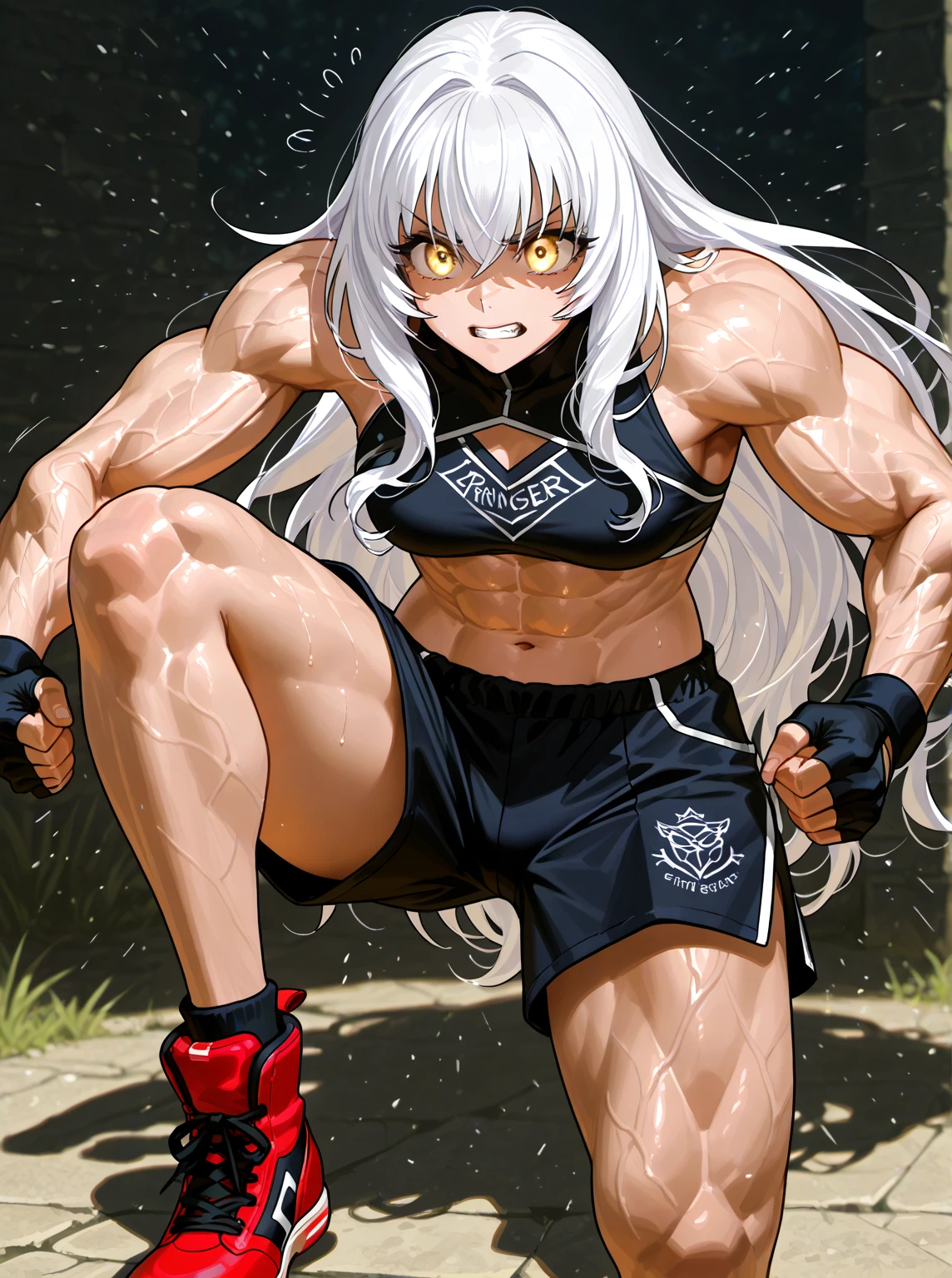 beatrix, silver hair, long hair, pointy ears, purple eyes, hair ornament, anatomically correct, best quality, masterpiece, high quality, high details, highres, HD, (shaded face:1.2), huge breasts, sagging breasts, 1girl, solo, midriff, navel, striped, muscle, chain, breasts, abs, belt, pants, sweat, baggy_pants, purple eyes, hollow eyes, lips, sad expression, gloomy expression, sweating,