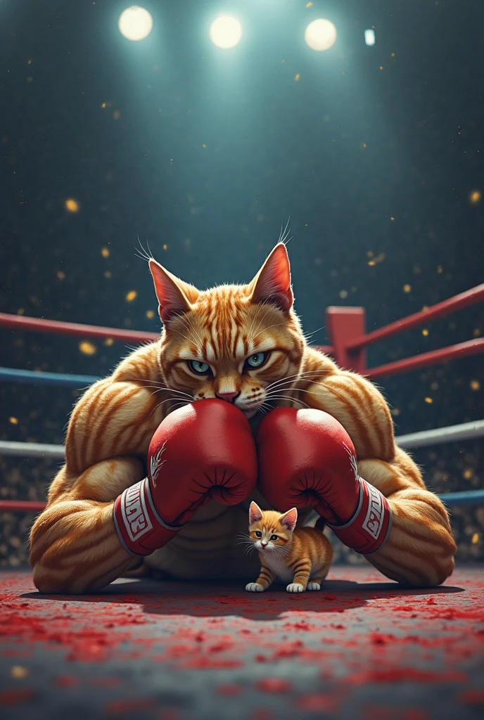 "Epic anthropomorphic boxing match: a muscular cat in medium-sized red pants, in his hands a bouquet of yellow flowers, the gift is for a cat, amazement." 8k, high resolution, well-groomed hair