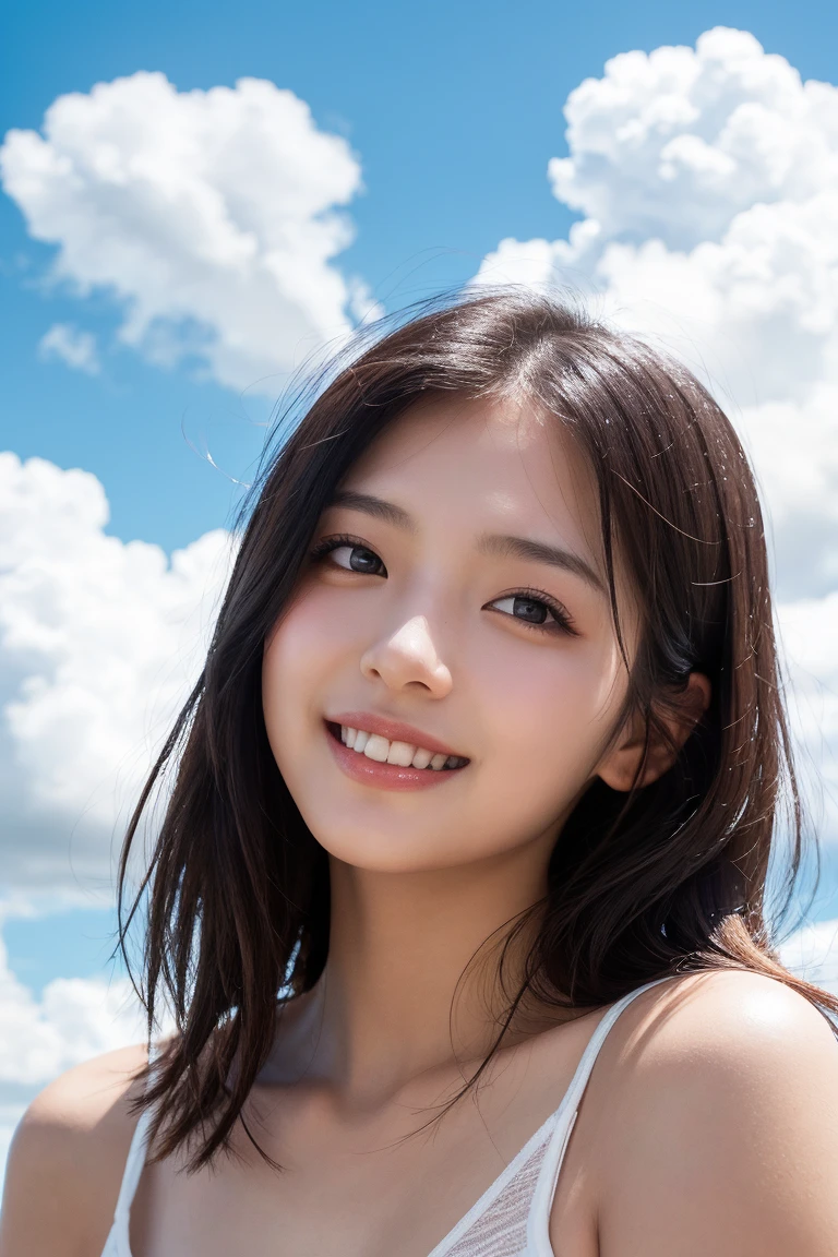 (The beauty of a woman making love in bed:1.6)、More skin, look, Brown eyes, (Light brown bangs:1.2),Braided hair、Long-haired person、(Realistic:1.4), Shadow、(Best image quality:1.0), (Ultra-high resolution:1.0), 8k, RAW Photos, (masterpiece), (Dealing with Children),(A woman who challenges the golden ratio:1.5)、Thin eyebrows、Fine ears、Detailed nose、Mouth Details、break,(White T-shirt:1.5), break HA、(Big Breasts), smile, Bright lighting, Sexy pose、(Right in front of you:1.5)、(Many small white feathers flying in the sky:1.4)