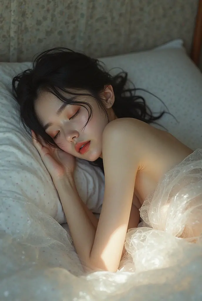 full size beautiful girl sleep on bed ,no drees, long black hair, indoors, soft lighting, home in background, window with boy see,  room,  pose, realistic, intricate details, colors, by Greg Rutkowski, by Alphonse Mucha