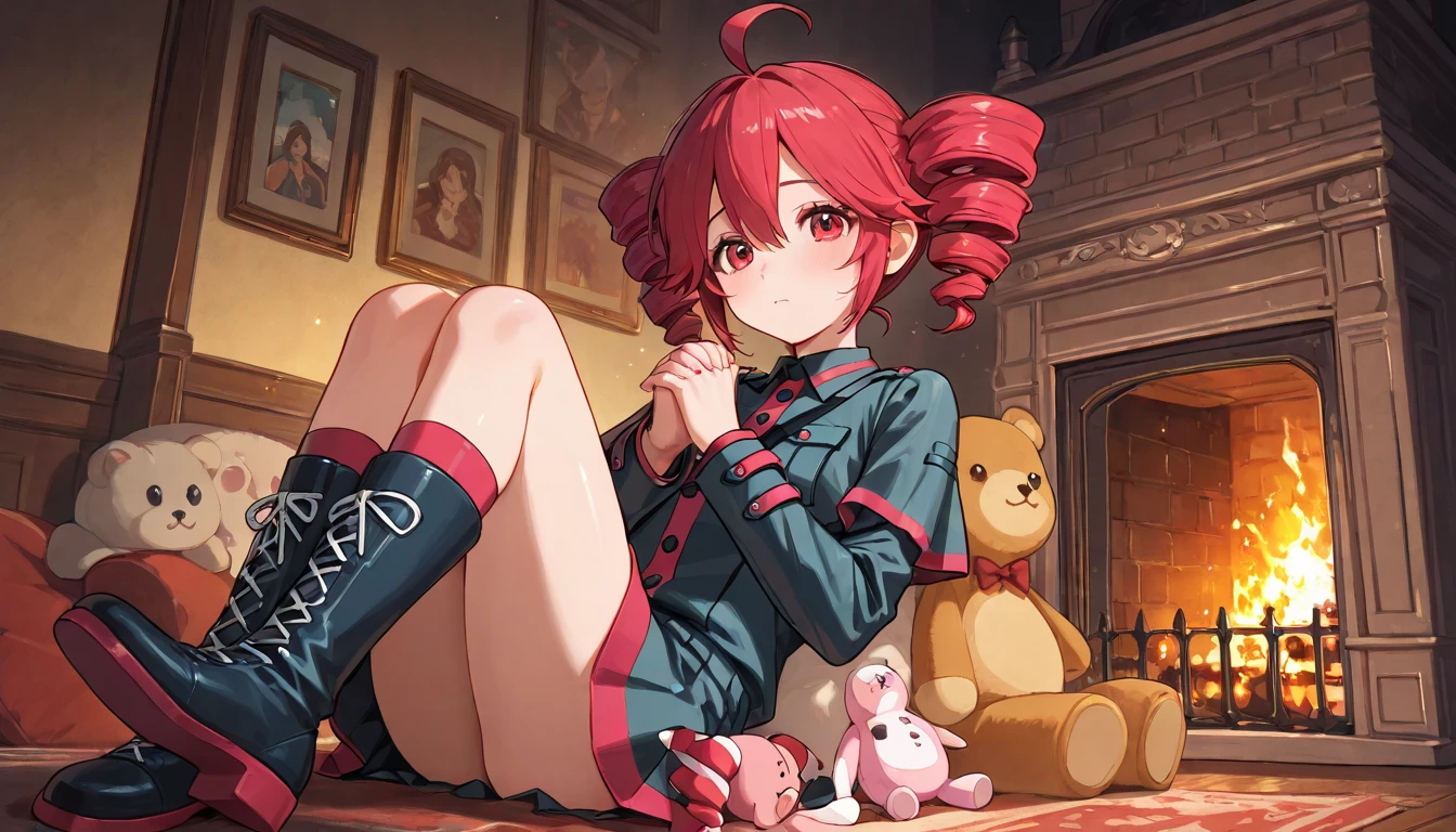 an outfit in black and pink pattern and boots with heels holding a stuffed cat and stuffed animal, 1girl, skirt, solo, boots, thighhighs, stuffed toy, over-kneehighs, stuffed animal, knee pads
