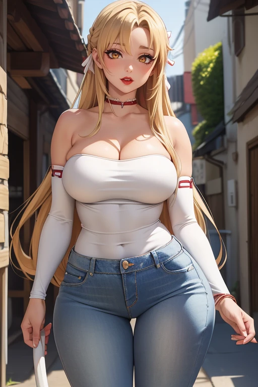 a 20 yo woman、(masterpiece:1.4)、(in 8K、realisitic、Raw photo、top-quality:1.4)、(Real Face:1.4)、(real looking skin:1.3)、超A high resolution、A hyper-realistic、Blonde longhair、print t-shirt、Black pants、caps、(huge-breasted:1.5)、Blushing、a smile、Embarrassed look、Back alley、Standing against the wall