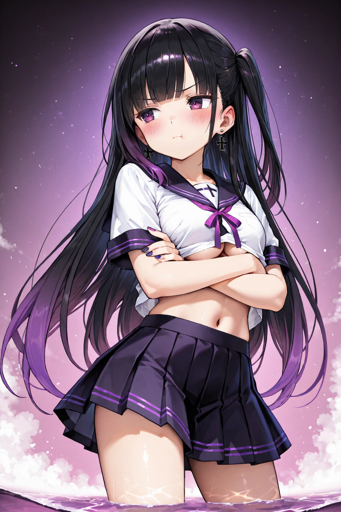 Elementary school girl, 8 years old, flat chest, black hair, long hair, purple eyes, embarrassed expression(one person) Upper body plain white T-shirt Black mini skirt and white panties((I can see her panties))White socks Girl's Room Dynamic angle Low angle