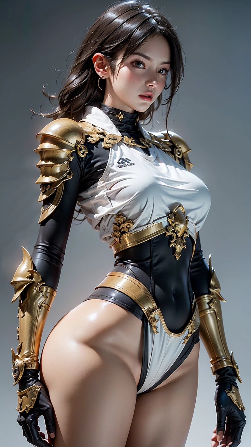 um close up de uma mulher em armadura com uma espada, Bikini Armor Cavaleiro Feminino, armadura branca brilhante, Cinematic Goddess Body Shot, Wlop e Krenz Cushart, gorgeous female paladin, Irelia de League of Legends, Wlop e Sakimichan, Menina da armadura, Artgerm extremamente detalhado, coxas grossas e lisas, Irelia