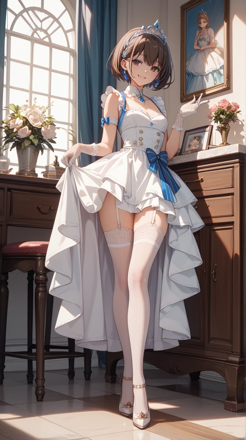 ((masterpiece)), ((best quality)), ((ultra detailed)), ((kawaii)), cute, (lovely), ((extremely detailed)), ((8K)), (beautiful), full body, luxury room, a cute girl, 1girl, solo, blue mini camisole dress,beautiful light brown hair, ((detailed beautiful brown eyes)), white-skinned, flat breast, tiny breast, garter belt,garter stoking,full body
