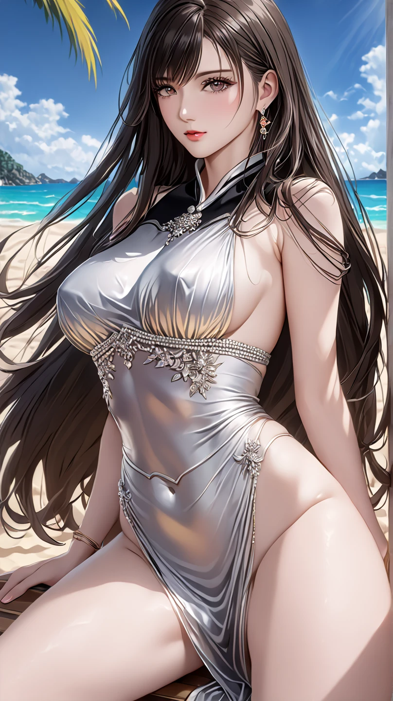 masterpiece, best quality, a sexy woman in a gold and white bikini posing in front of a night beach, 1girl, solo, full body, sexy swimsuit, breasts, cleavage, multiple tied bikini, thong bikini bottom, strappy sandals, latex, erotic smile, under ,