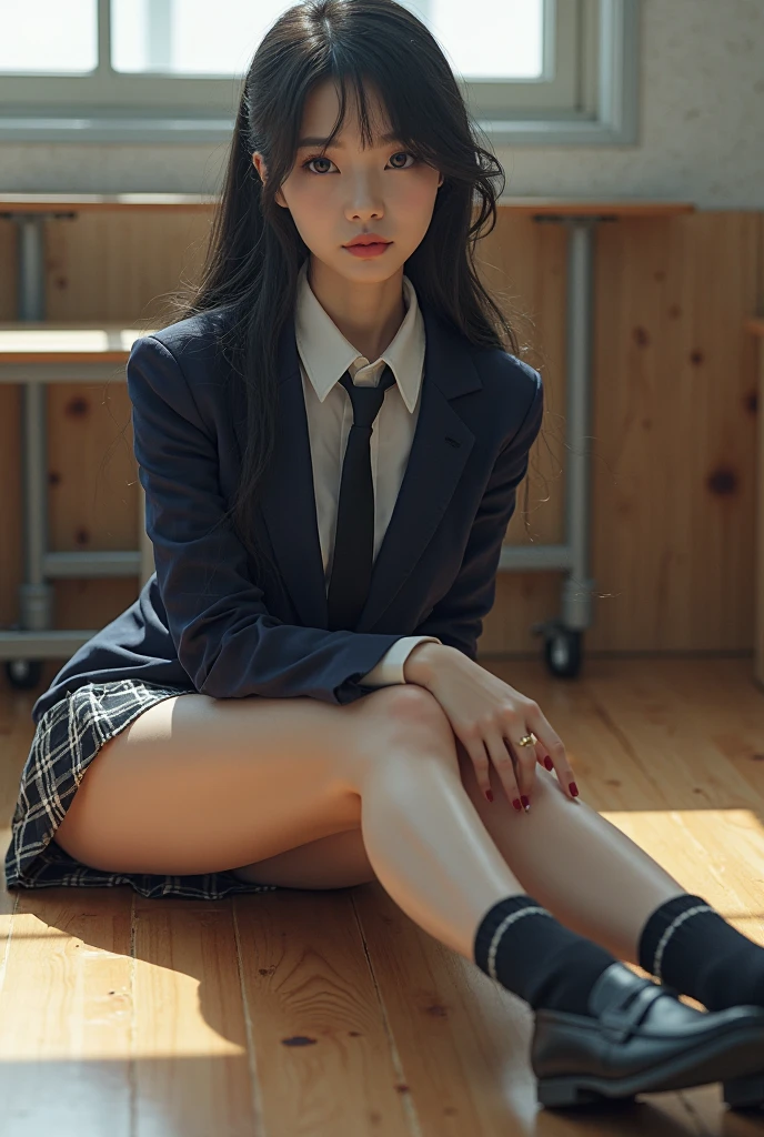 Chiaroscuro, masterpiece, Super Detail, High quality, awardwinning, 8K, (girl), Solo, Smiling, High School Uniform, (Formal jacket dark blue), White shirt, Short tie, Short pleated skirt is plaid, Socks are dark navy, Theme color is dark navy, Full body shot, no background, at studio, Detailed fingers, romantic, cinematic light, lighting on the face