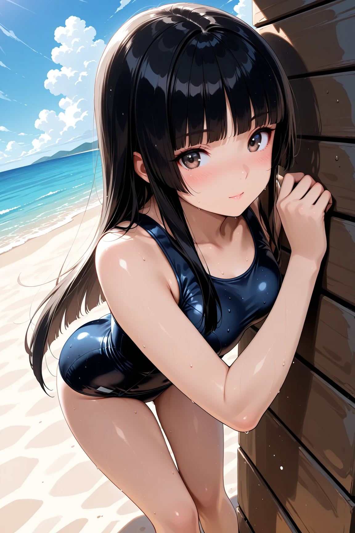 beach、School swimsuit、Sunburn、Tan Skin、Embarrassed、1 girl、Navy blue school swimwear、blunt bangs、Black Hair、super fine illustration,(((beautiful fine hair))),(((beautiful fine face))),(((beautiful fine background))),Midsummer、beachBlack Hair、blunt bangs、Cross-eyed