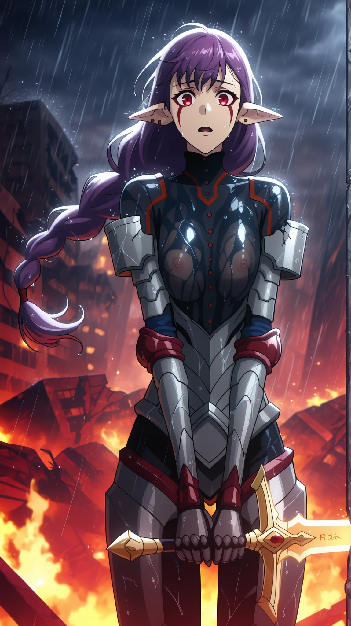 BREAK (masterpiece:1.2), best quality, high resolution, unity 8k wallpaper, (illustration:0.8), (beautiful detailed eyes:1.6), extremely detailed face, perfect lighting, extremely detailed CG, (perfect hands, perfect anatomy),ruined city, hell seting,broken buildings, rain,storm, fire,dark atmosphere,looking at viewer, single braid, long hair, floating hair,wet hair,purple hair, red eyes, facial mark, pointy ears, earrings,tight black bodysuit, red trim, buttons, grey armor, blue elbow pads, gauntlets, greaves,standing in middle,wet clothes,cowboy shot,open mouth,very shy,nipples see through,legendary sword in hand,dark aura,standing in front,broken armor