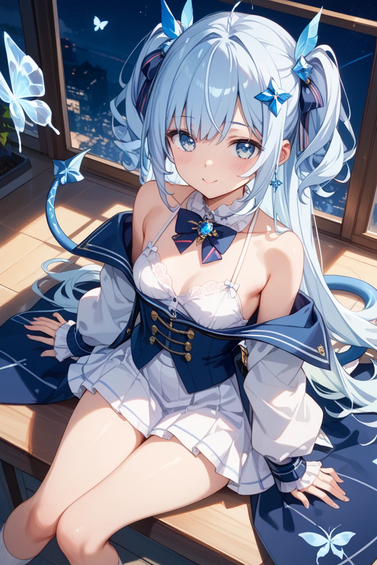 ((​masterpiece:1.4、top-quality:1.2))、1girl in、solofocus、delicated face、Highly detailed anime faces and eyes、(Blur the background：1.3、(transform sequence)、((stright long hair))、Soio、Soio、a 14 year old girl、japanes、Lori、Chiquita、a junior high school student、A dark-haired、((White and blue maid style leotard))、（highleg）、Tiara on the head、A smile、is standing、Facing the front、